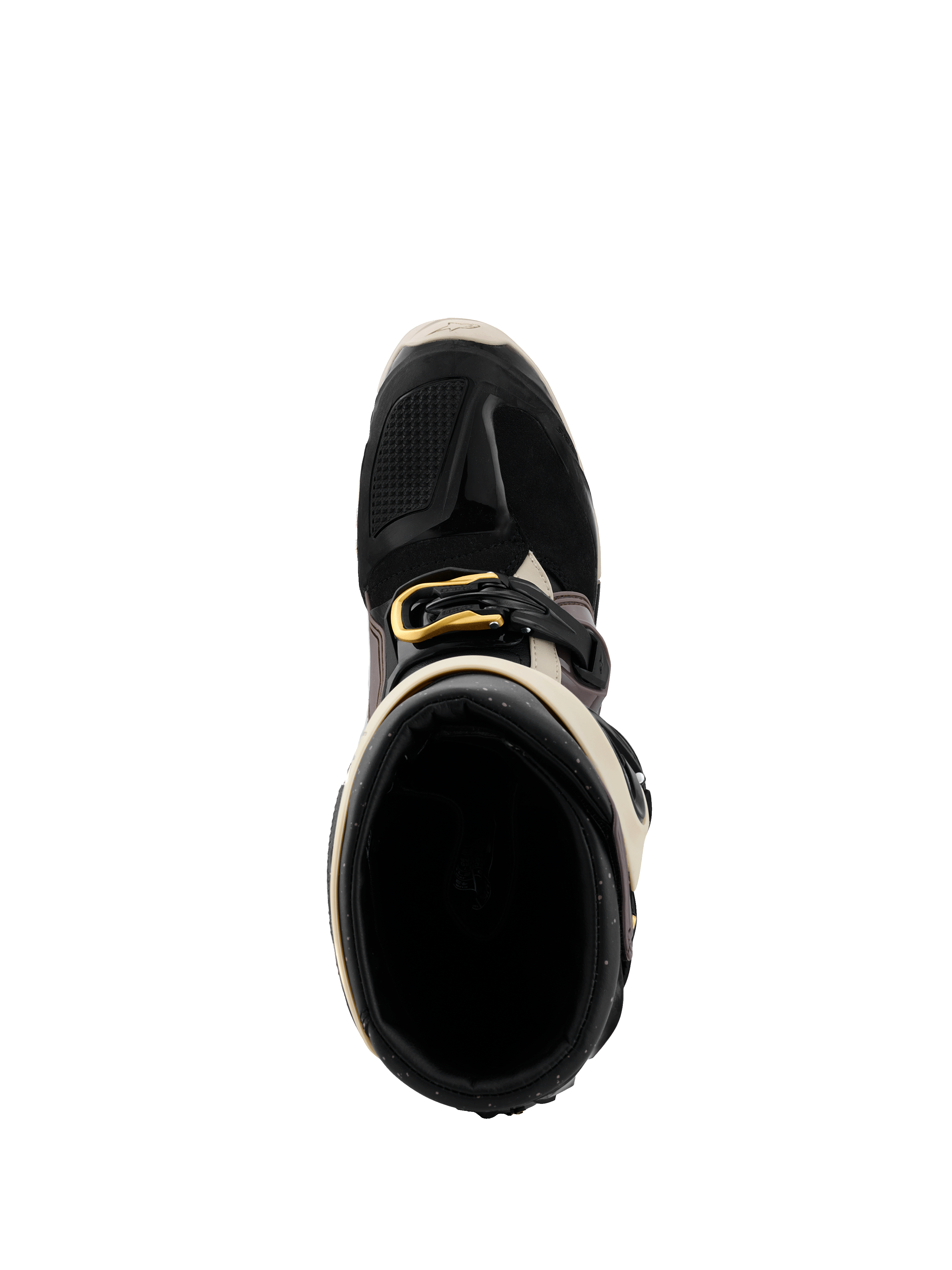 Alpinestars 2026 Tech 7 Enduro Drystar® Boots, Black Dark Gray and Gold, top-down view looking into the boot opening, featuring the gold buckle, interior lining, and protective TPU toe box.