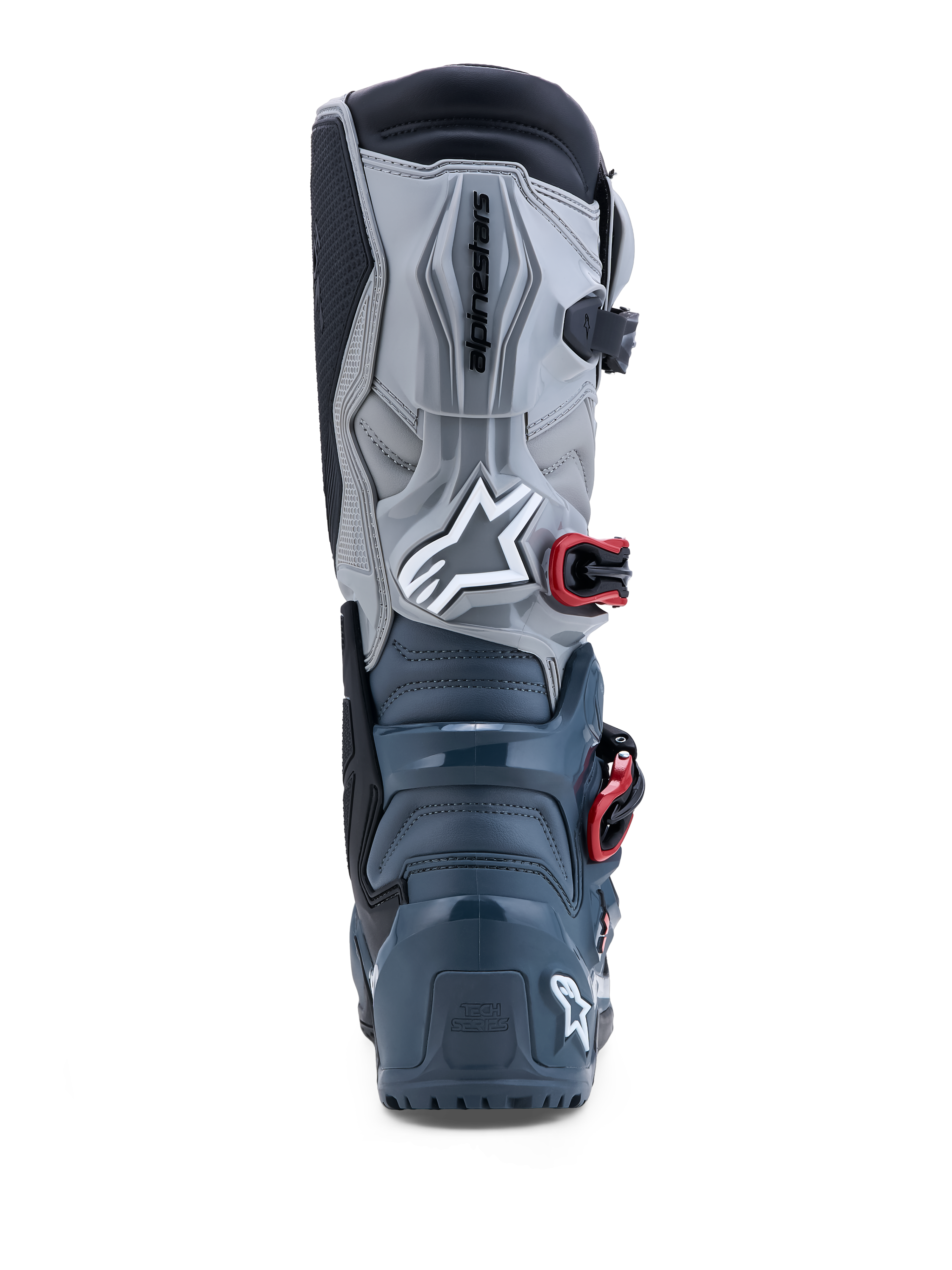Alpinestars Tech 7 Enduro Drystar® Stiefel, wasserdichte Offroad-Motorradstiefel, Dunkelgrau und Rot, TPU-Schutz, Rückansicht.