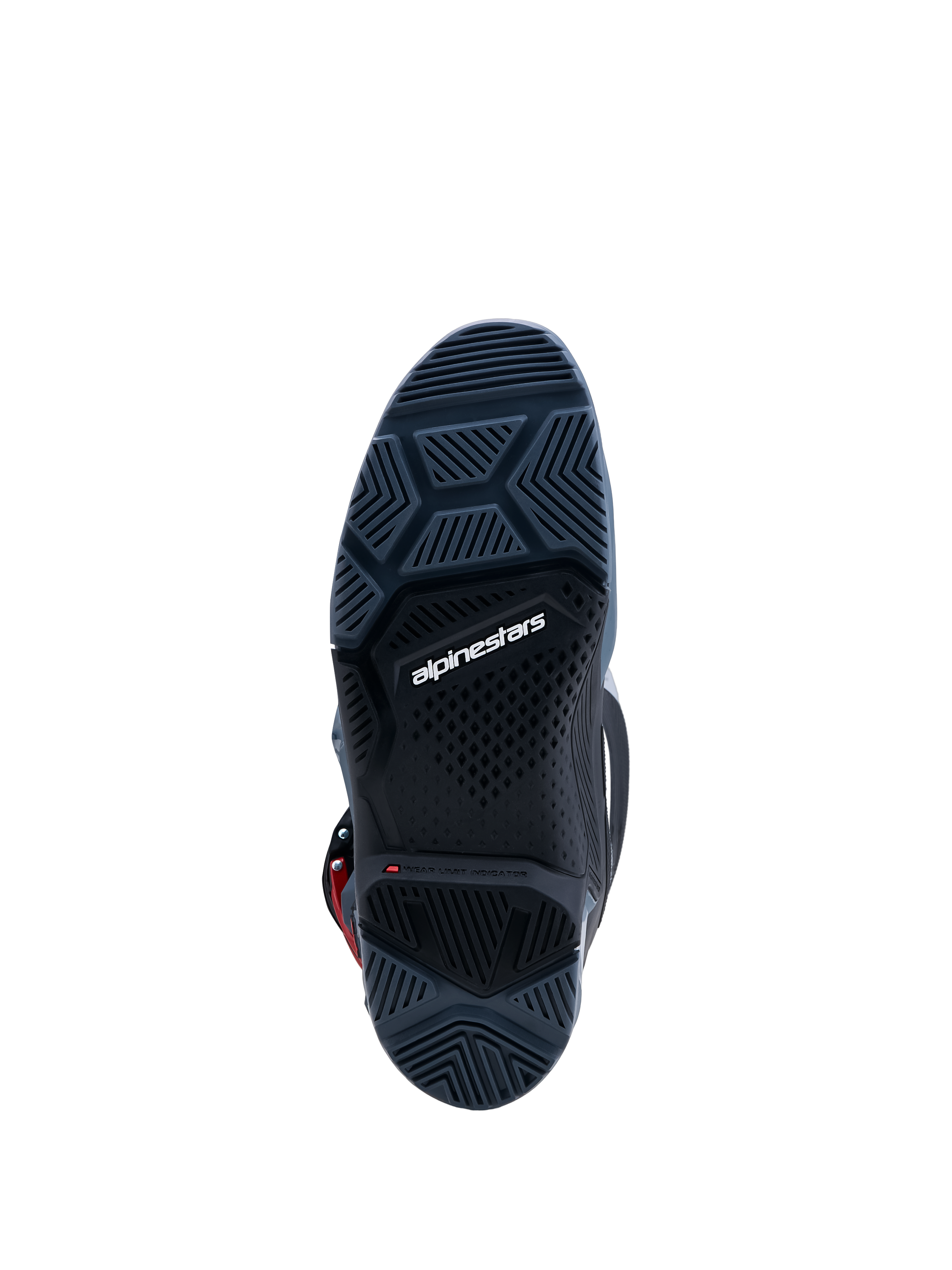 Alpinestars Tech 7 Enduro Drystar Stiefel, dunkelgraue Gummisohle mit Grip-Profil und Verschleißindikator für Enduro.