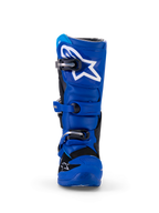 Alpinestars Yamaha Youth Tech 7S Stiefel, Motocross-Stiefel, Blau, Schwarz und Weiß, Frontansicht mit TPU-Schienbeinplatte und weißem Stern-Logo, verstellbares Schnallensystem und strapazierfähige Offroad-Schutzkonstruktion