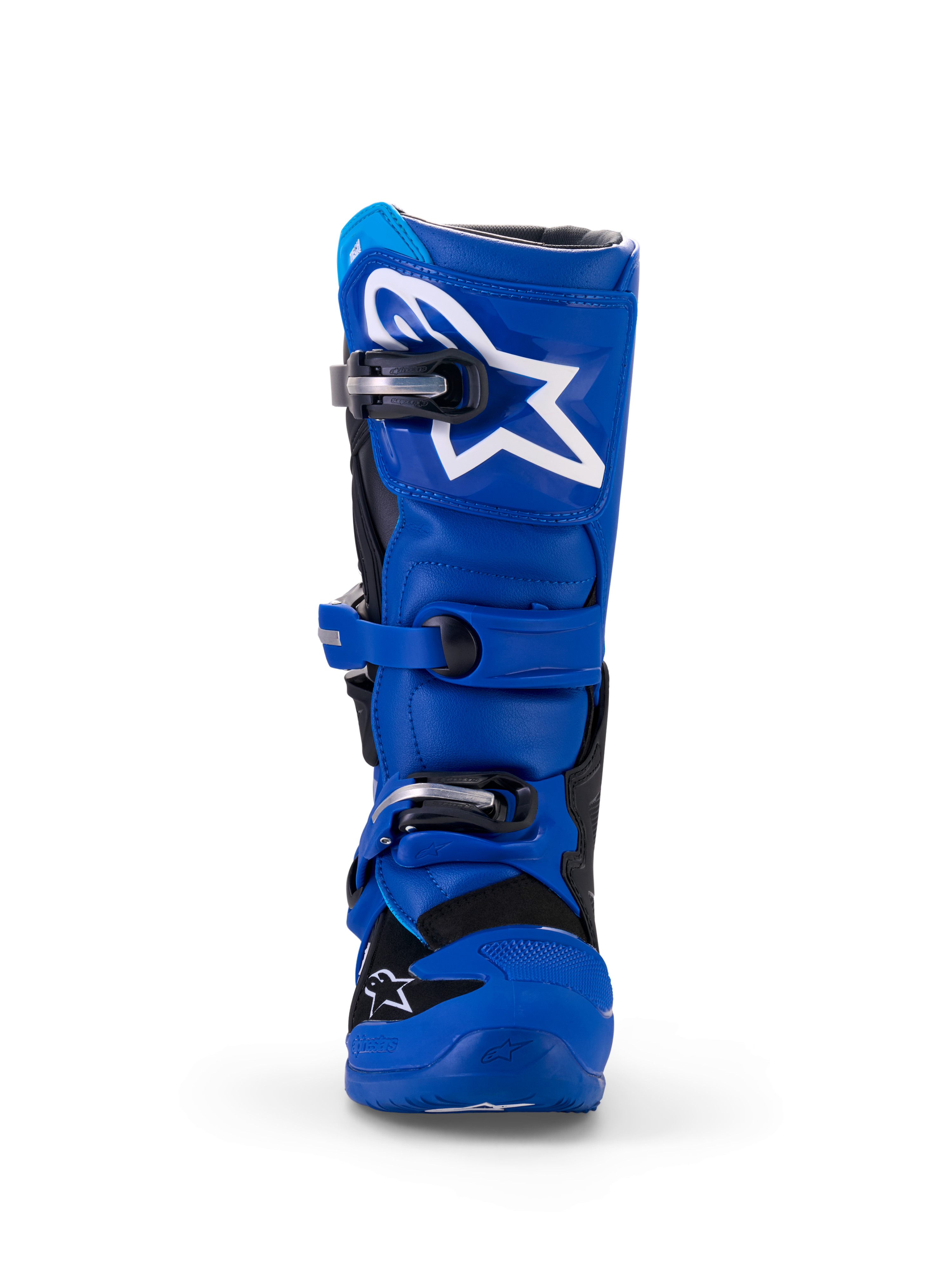 Alpinestars Yamaha Youth Tech 7S Stiefel, Motocross-Stiefel, Blau, Schwarz und Weiß, Frontansicht mit TPU-Schienbeinplatte und weißem Stern-Logo, verstellbares Schnallensystem und strapazierfähige Offroad-Schutzkonstruktion
