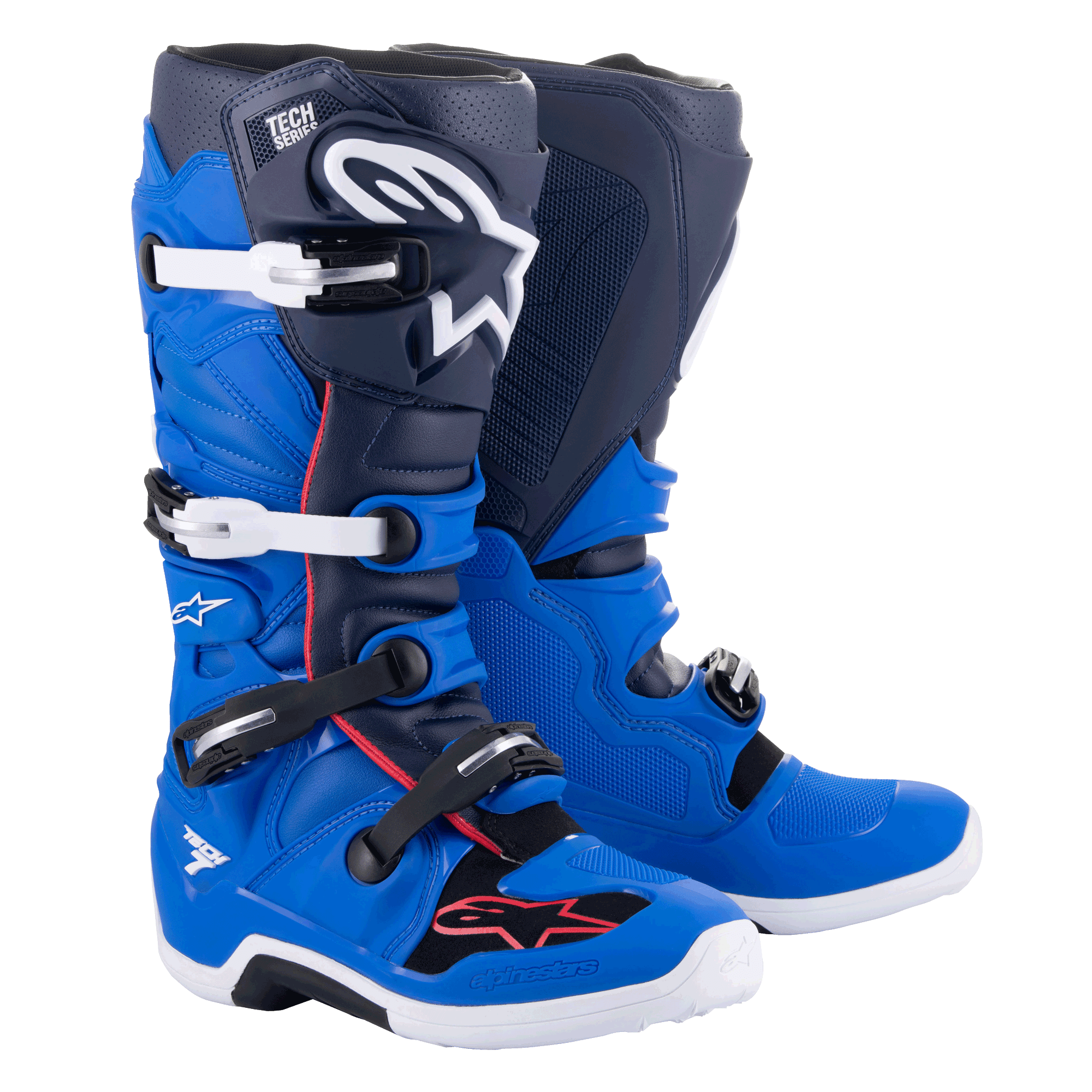 Alpinestars Tech 7 Stiefel, Motocross-Stiefel, Alpine Blue, Night Navy und Bright Red, mit weißen und schwarzen Aluminiumschnallen, großem weißem Stern-Logo auf dem Schienbein und strapazierfähigen weißen Sohlen, Schutzausrüstung für den Offroad-Rennsport