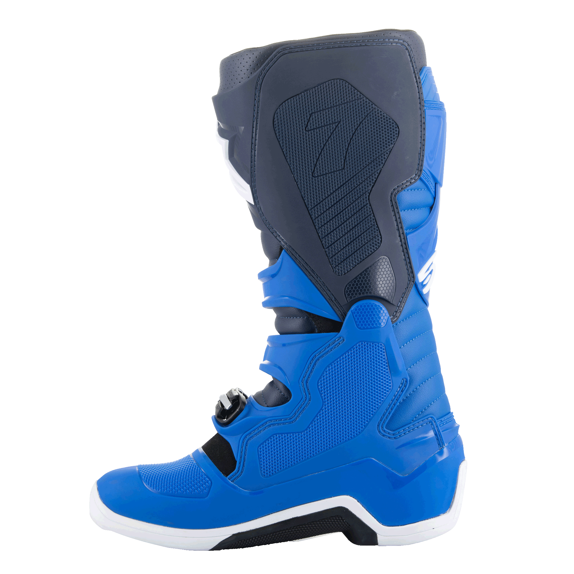 Alpinestars Tech 7 Stiefel, Motocross-Stiefel, Alpine Blue, Night Navy und Bright Red, mediale Seitenansicht mit schützenden TPU-Paneelen und verstärkter Konstruktion für den Offroad-Rennsport