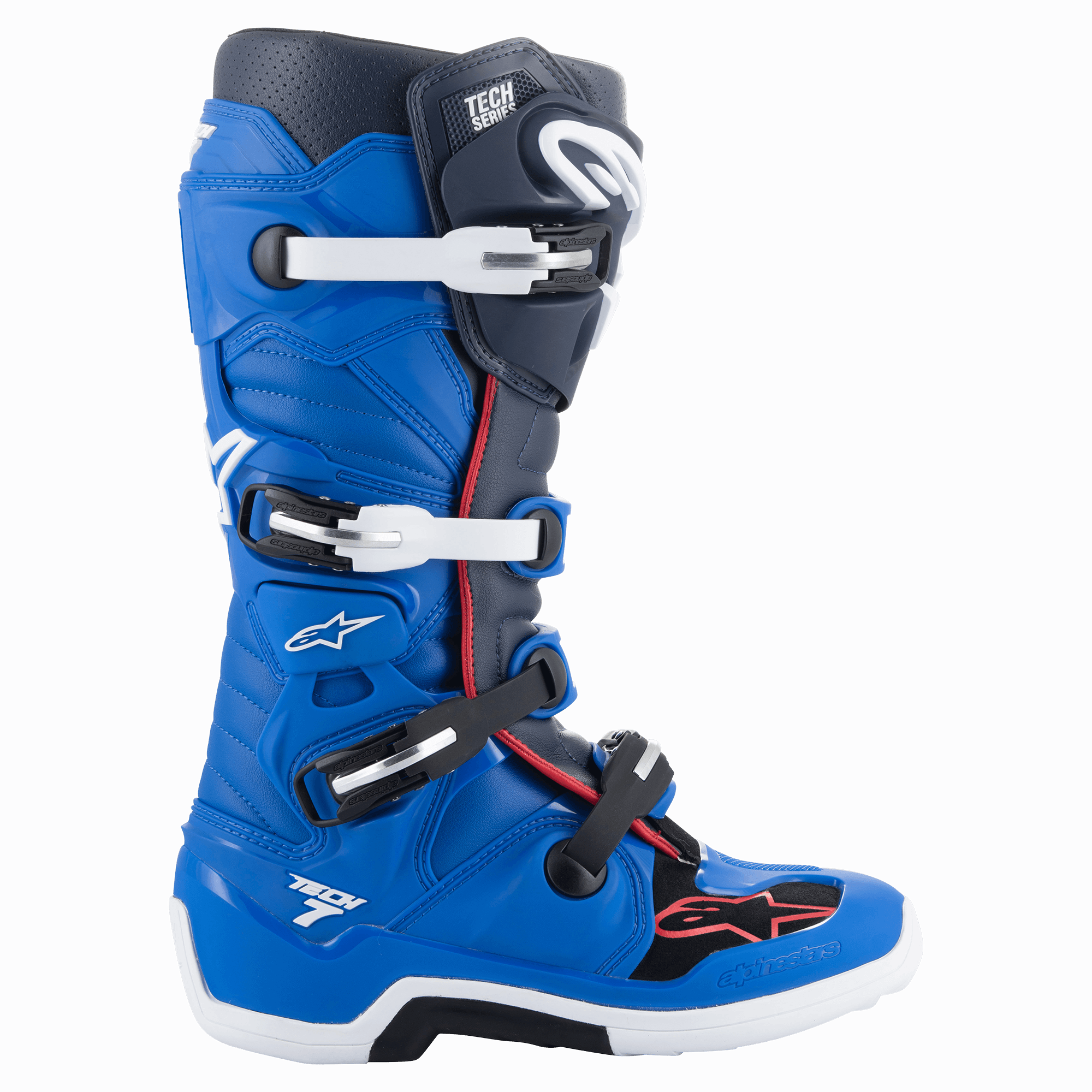Alpinestars Tech 7 Stiefel, Motocross-Stiefel, Alpine-Blau, Nachtblau und Hellrot, High-Top-Design mit Vier-Schnallen-Verschlusssystem, weiße und schwarze Schnallen, weiße Sohle mit schwarzem Mittelteil, rote Akzente und Alpinestars-Branding, professioneller Offroad-Rennschutz
