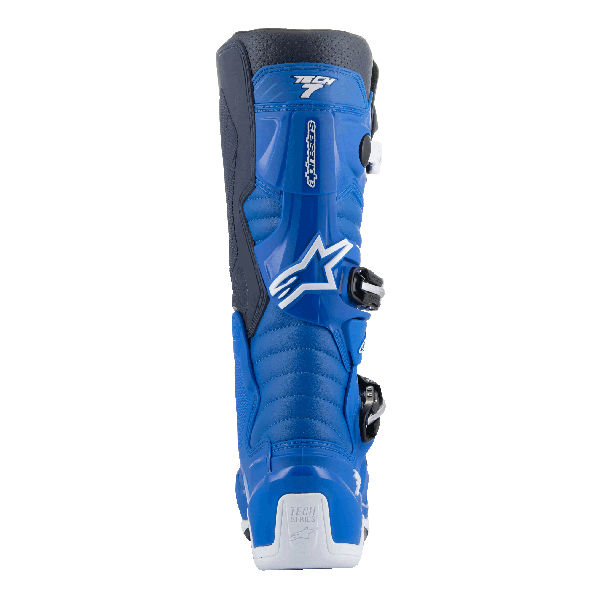 Alpinestars Tech 7 Stiefel, Motocross-Stiefel, Alpine Blue und Night Navy mit weißen Akzenten, Rückansicht mit konturiertem Wadenprotektor, weißer Fersenverstärkung mit Tech Series-Logo und Details des seitlichen Schnallenverschlusssystems.