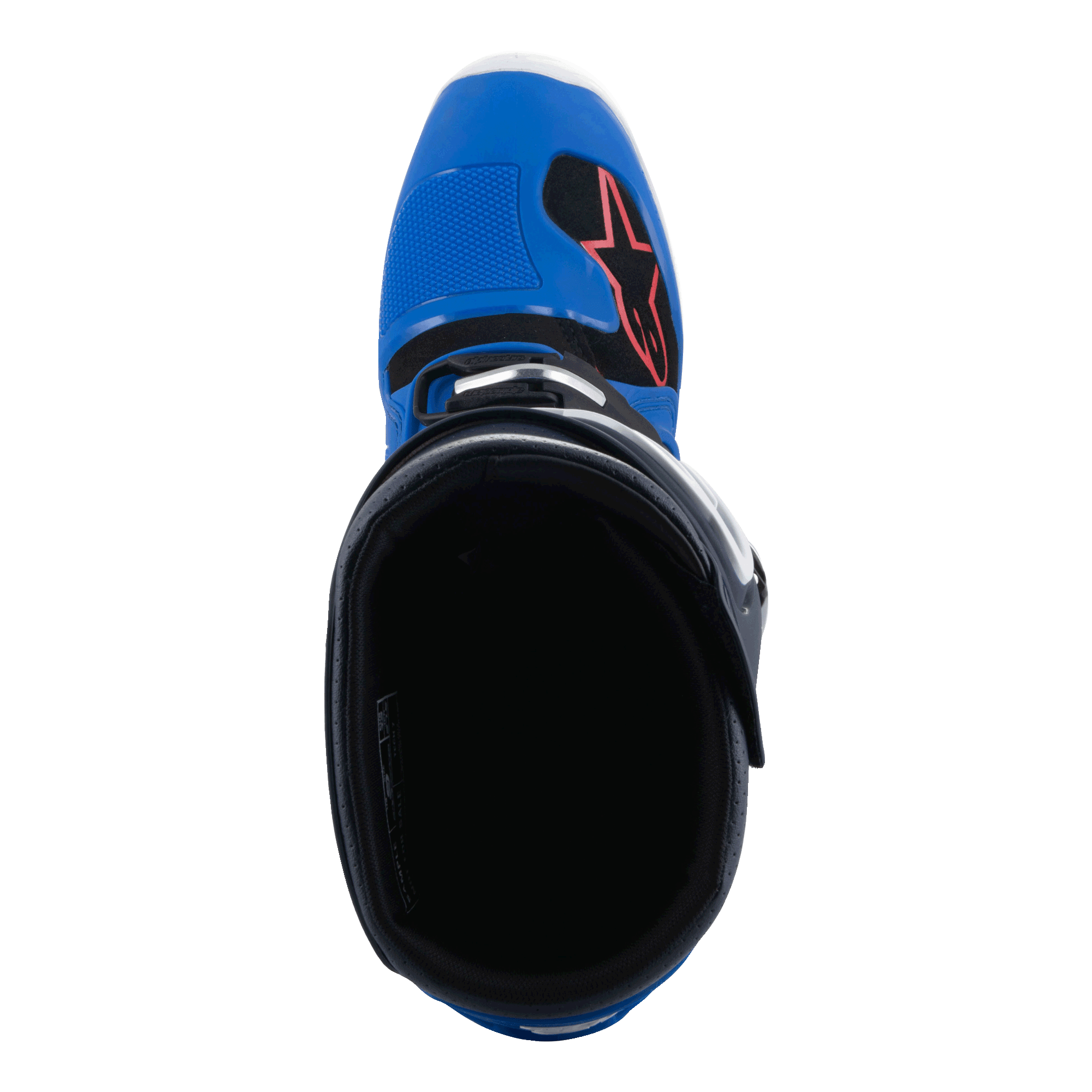 Alpinestars Tech 7 Stiefel, Motocross-Stiefel, Alpine Blue Night Navy und Bright Red, Draufsicht in das Stiefelinnere, blaue Zehenkappe mit rotem Stern-Logo und schwarzem Innenfutter, professionelles Schuhwerk für Offroad-Rennsport