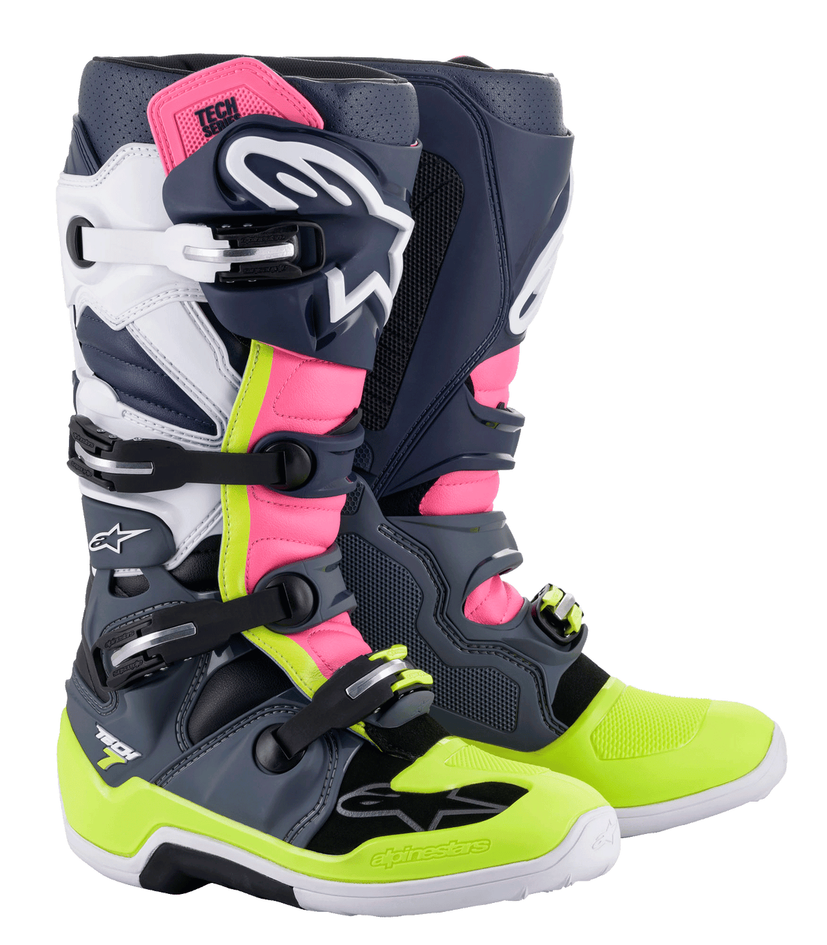 Alpinestars Tech 7 Stiefel, Motocross-Stiefel, Dunkelgrau, Dunkelblau, Pink Fluo und Neongelb, mit Multi-Schnallen-Verschlusssystem, TPU-Schutzpaneelen und Alpinestars-Branding für Offroad-Rennsport