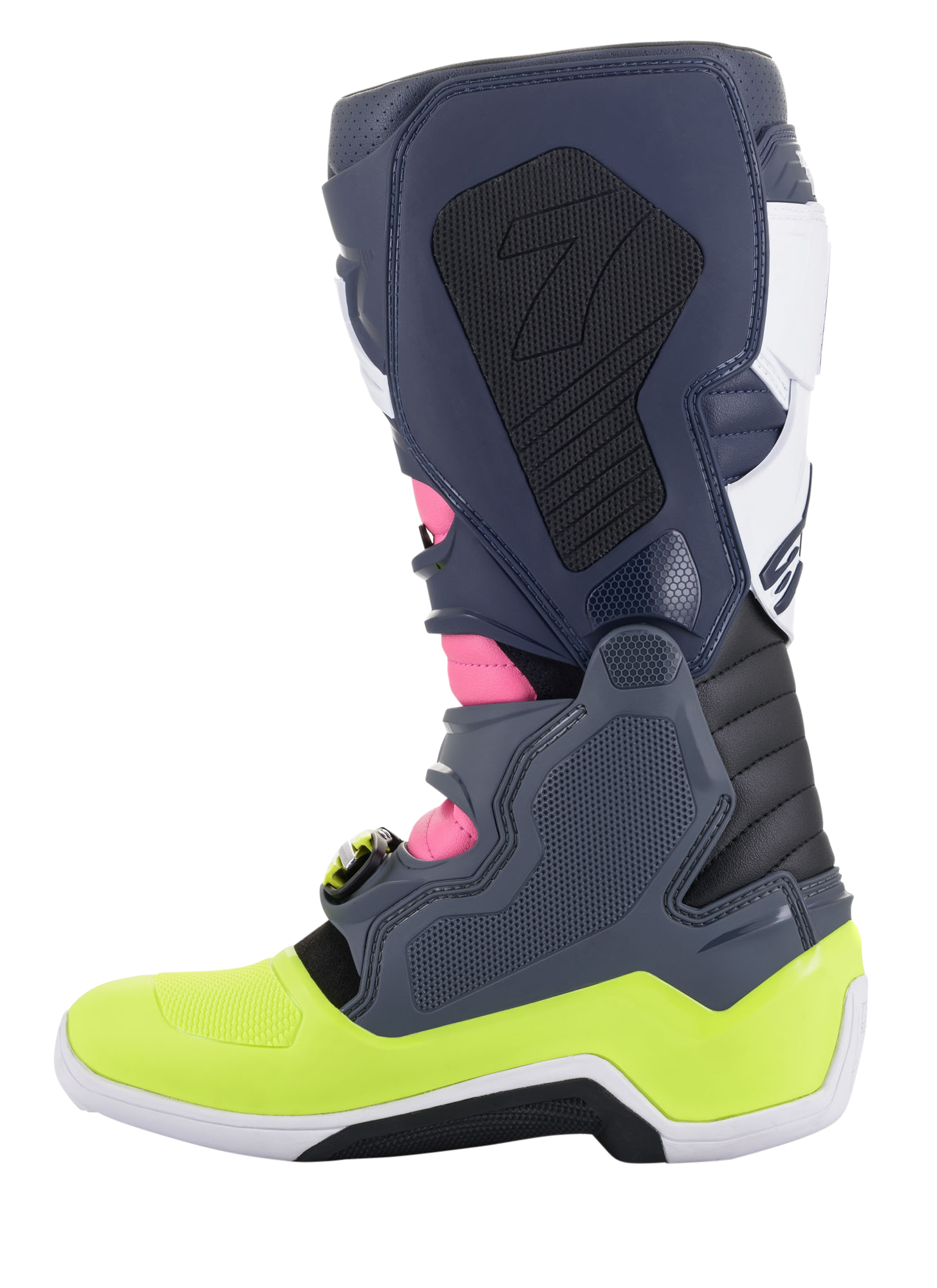 Alpinestars Tech 7 Stiefel, Motocross-Stiefel, Dunkelgrau, Dunkelblau, Pink Fluo und Neongelb, Seitenansicht, mit innovativem Schnallenverschlusssystem und biomechanischem Knöchelschutz, Hochleistungs-Offroad-Fußbekleidung