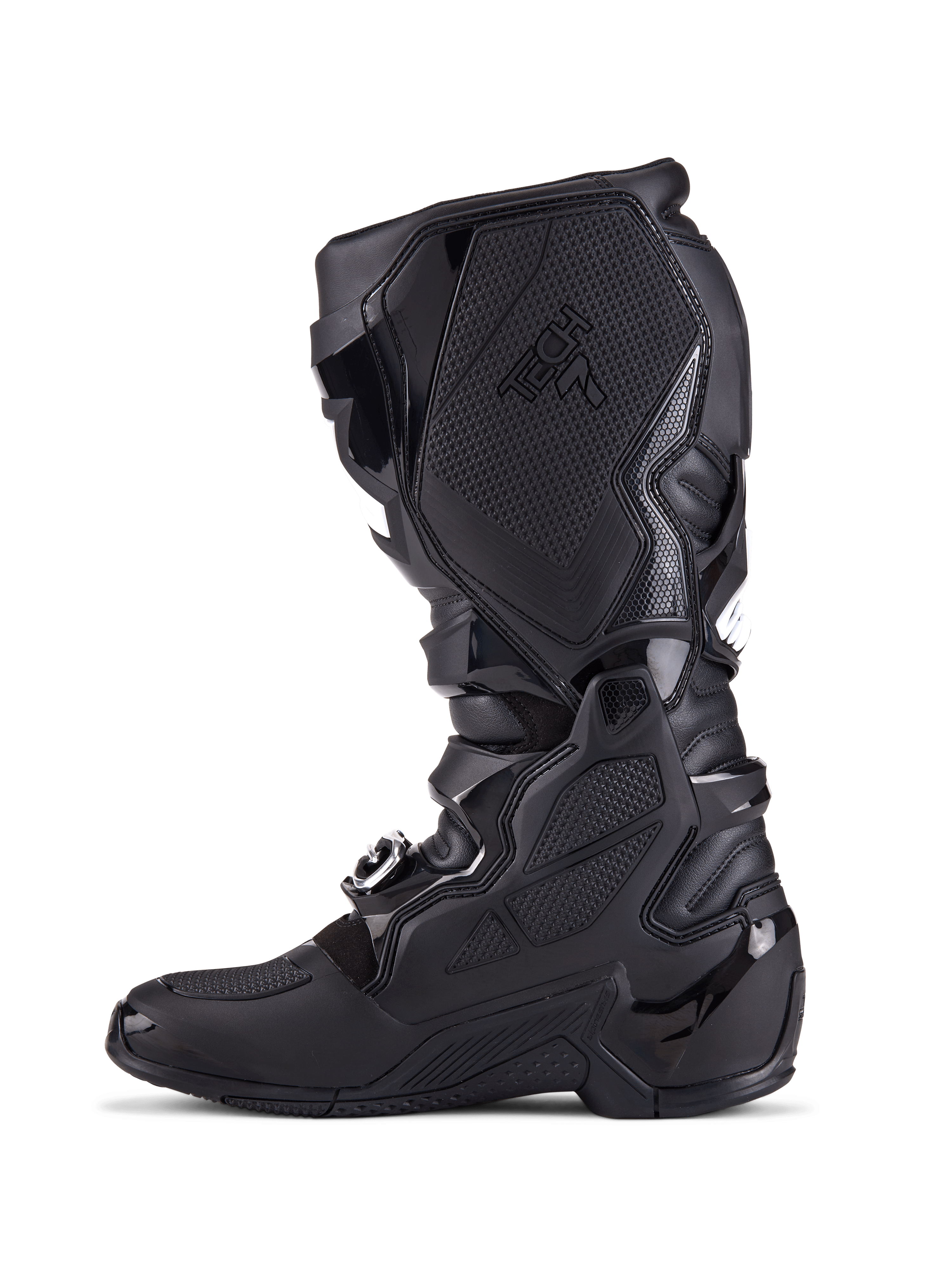 Alpinestars Tech 7 Boots, Motocross Boots, All Black, side profile view showing TPU protection plates, buckle closure system, and textured grip panels, professional off-road riding footwear
