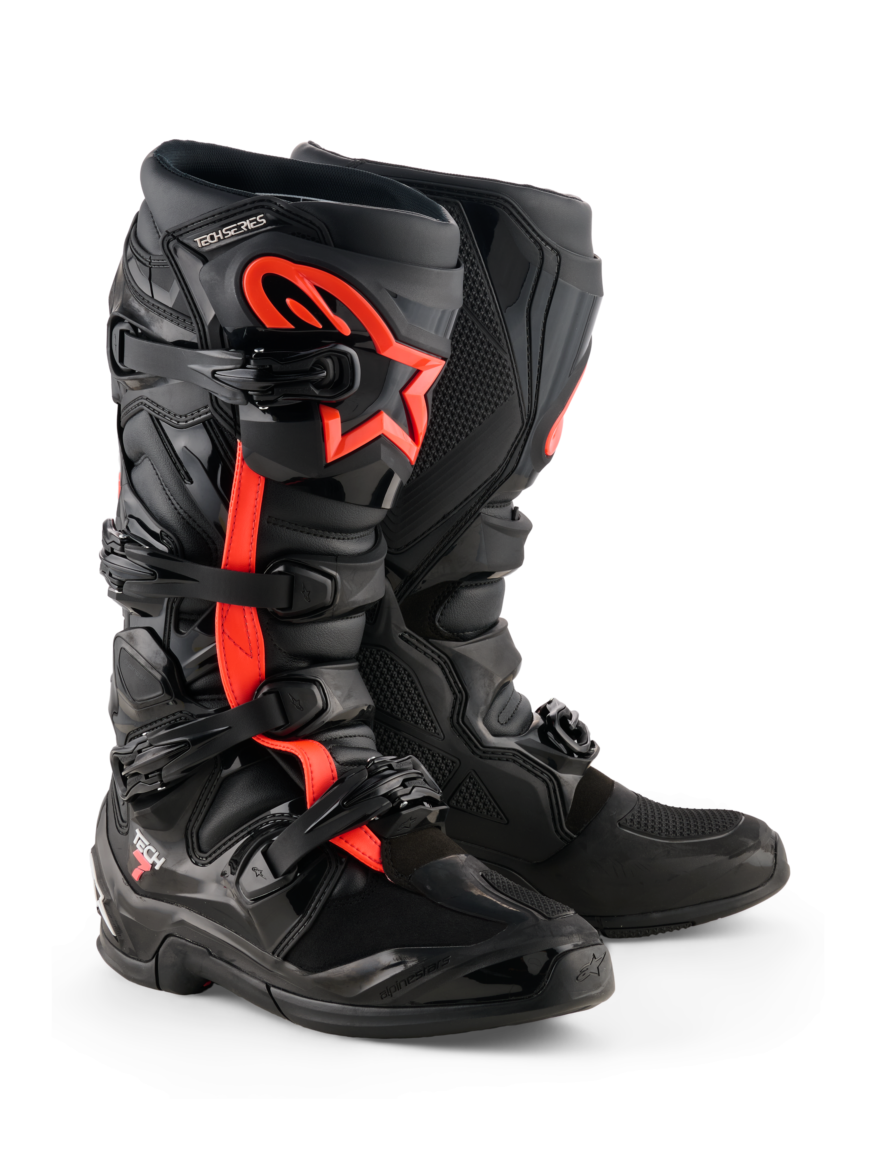 Alpinestars Tech 7 Boots, Motocross Boots, Black and Red Fluo, featuring four black buckles, TPU shin plate, and red Alpinestars star logo on the side, rugged off-road design.