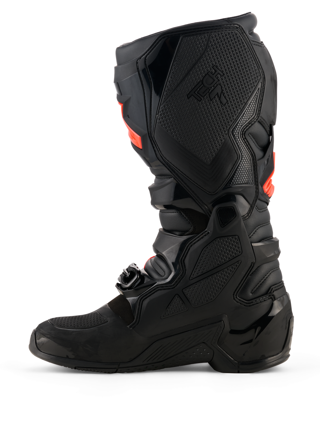 Alpinestars Tech 7 Boots, Motocross Boots, Black with Red Fluo accents, medial side profile view featuring TPU protective shells, buckle system, and textured grip panels for off-road performance