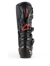 Alpinestars Tech 7 Stiefel, Motocross-Stiefel, Schwarz und Fluorot, Rückansicht mit schützenden TPU-Platten, rotes Alpinestars-Logo an der Wade und strapazierfähige Konstruktion für Offroad-Performance
