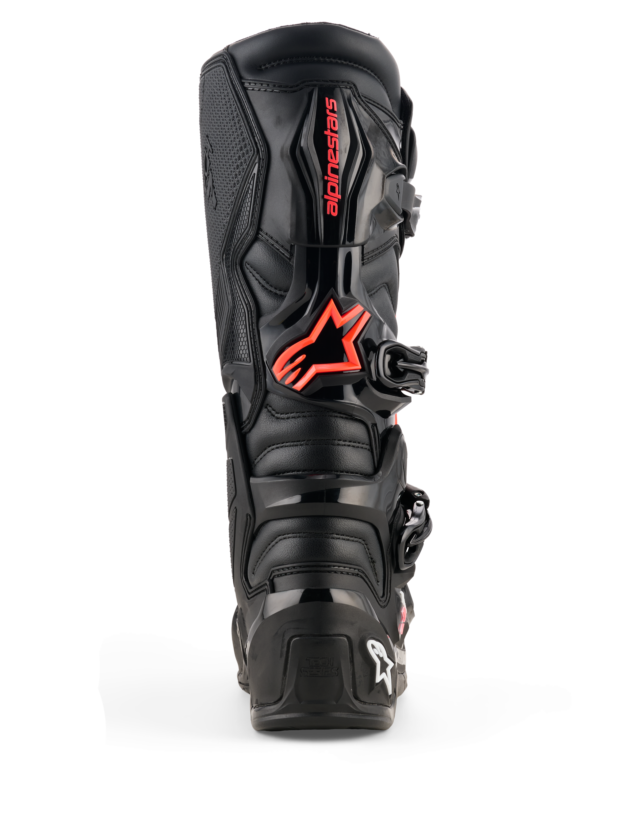 Alpinestars Tech 7 Stiefel, Motocross-Stiefel, Schwarz und Fluorot, Rückansicht mit schützenden TPU-Platten, rotes Alpinestars-Logo an der Wade und strapazierfähige Konstruktion für Offroad-Performance