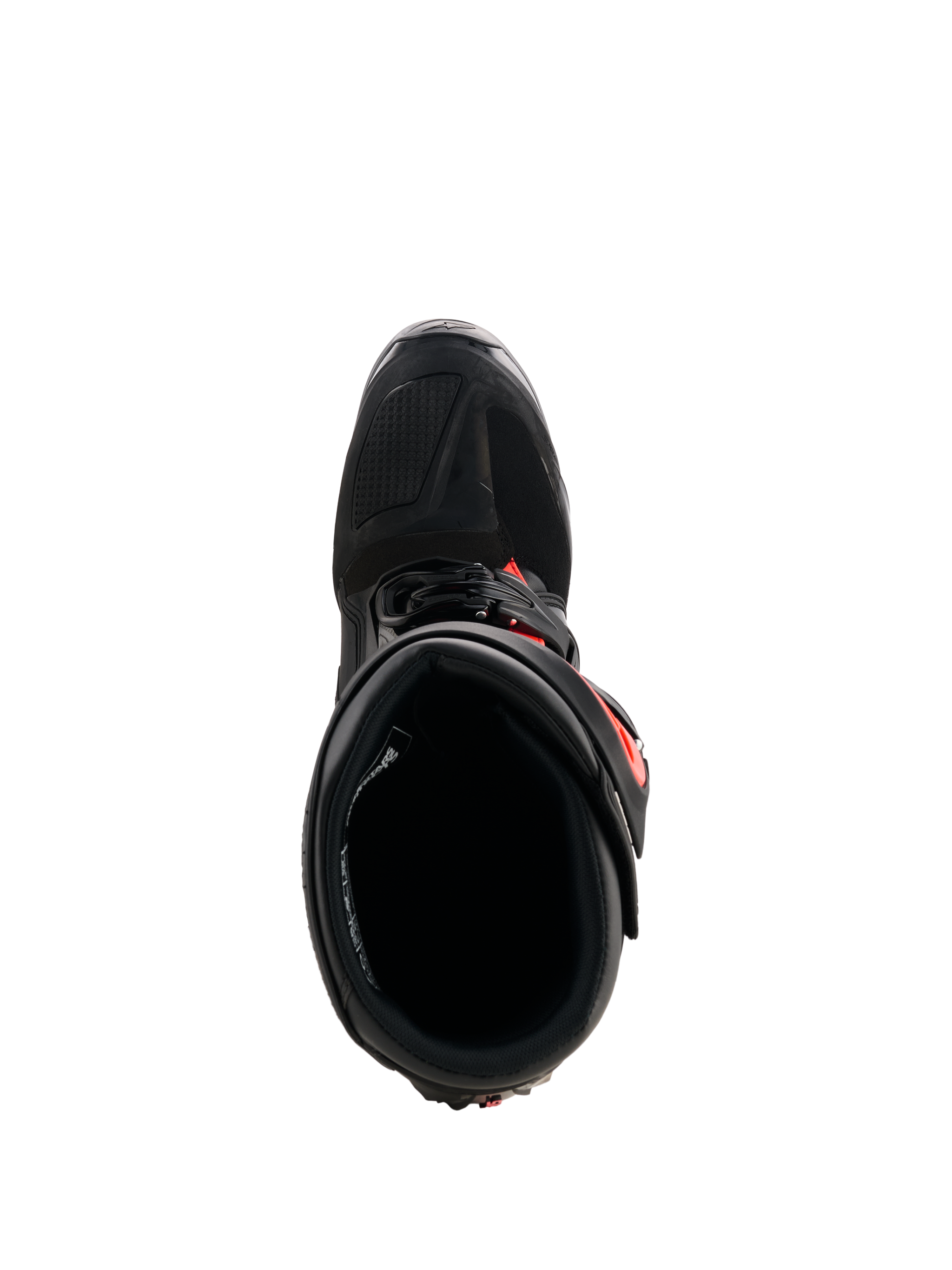 Alpinestars Tech 7 Stiefel, Motocross-Stiefel, Schwarz und Rot Fluo, Draufsicht mit Innenfutter und Verschlusssystem, strapazierfähige TPU-Konstruktion mit leuchtend roten Akzenten für Offroad-Racing-Performance