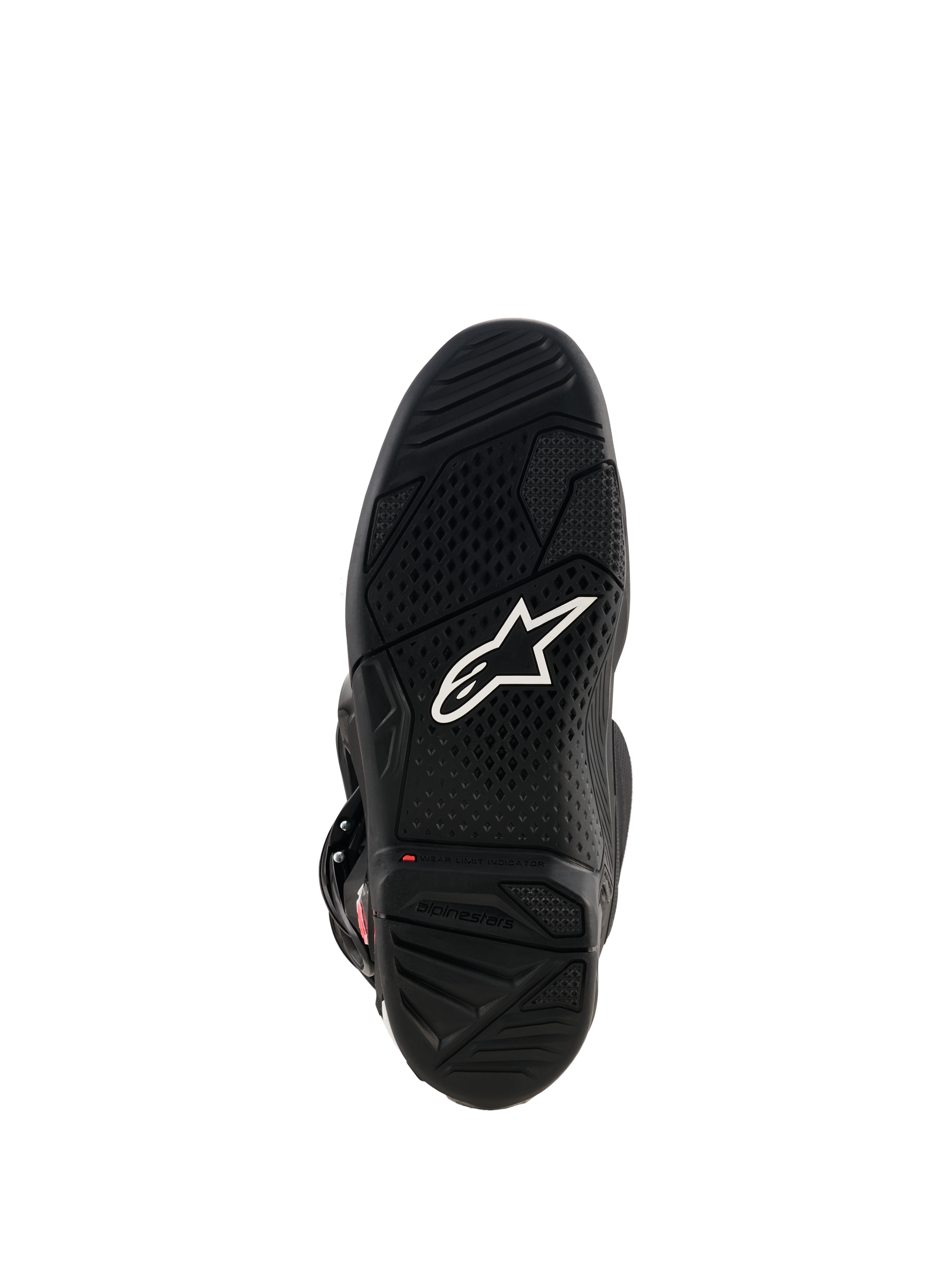 Alpinestars Tech 7 Stiefel, Ansicht der schwarzen Gummisohle, mit weißem Astar-Logo, strukturiertem Profil und roter Verschleißgrenzen-Anzeige für Motocross-Performance.