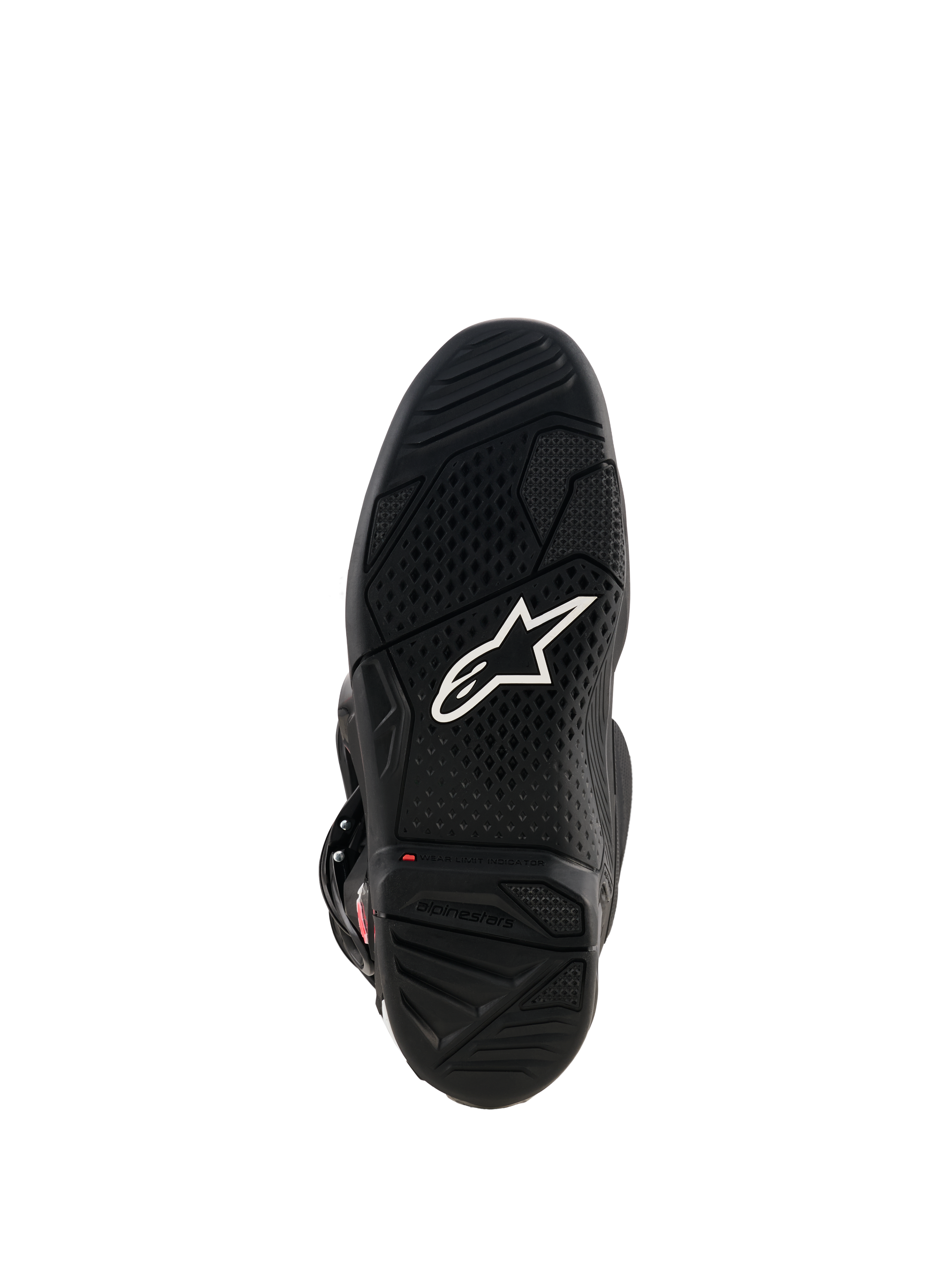 Alpinestars Tech 7 Boots, black rubber sole view, featuring a white Astar logo, textured tread pattern, and a red wear limit indicator for motocross performance.