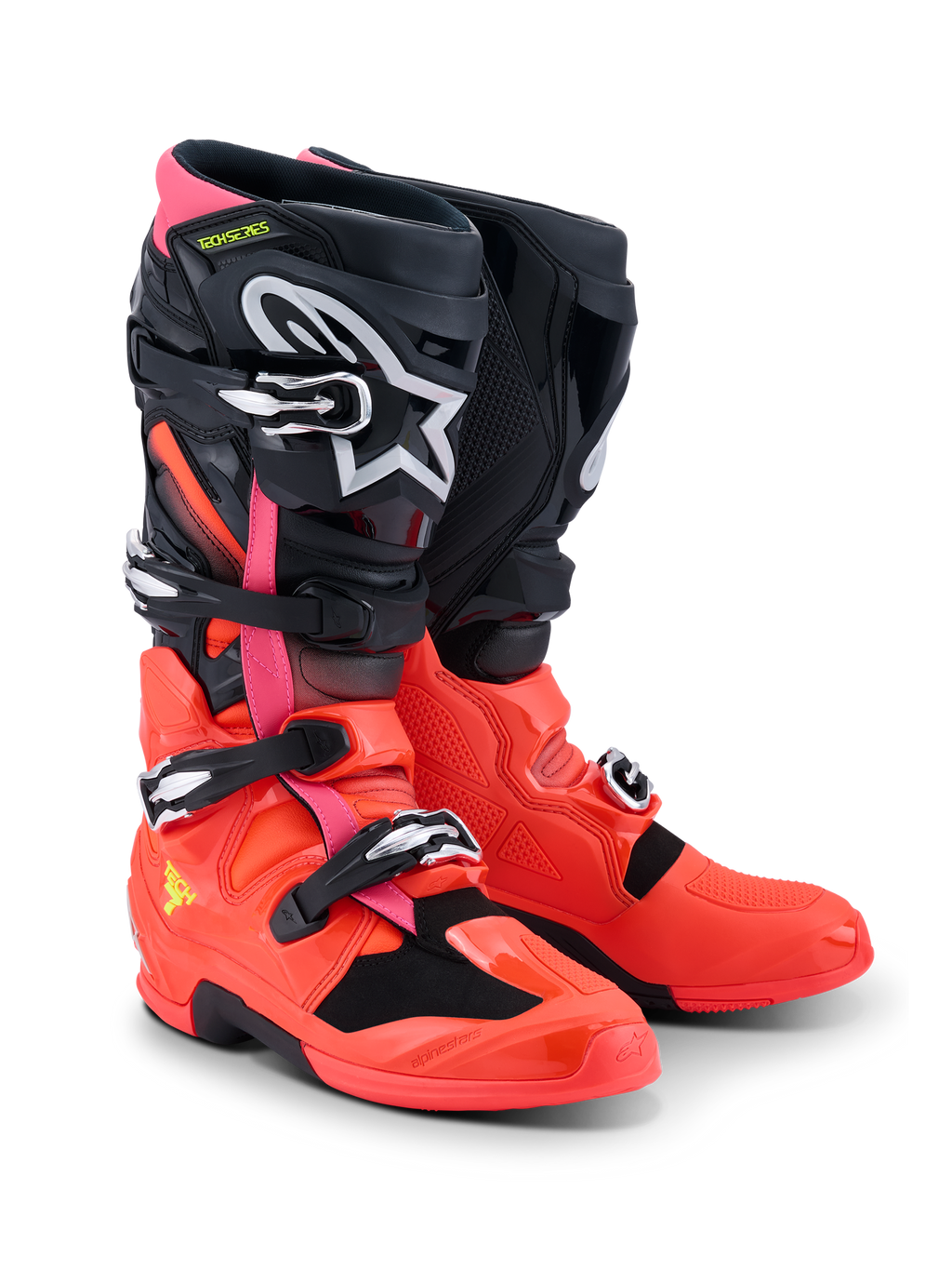 Alpinestars Tech 7 Stiefel, Motocross-Stiefel, Schwarz, Rot Fluo und Pink Fluo, mit Schnellverschlussschnallen, Doppel-Drehpunktsystem und TPU-Schutzschale, strapazierfähige Performance-Ausrüstung für Offroad-Fahrten
