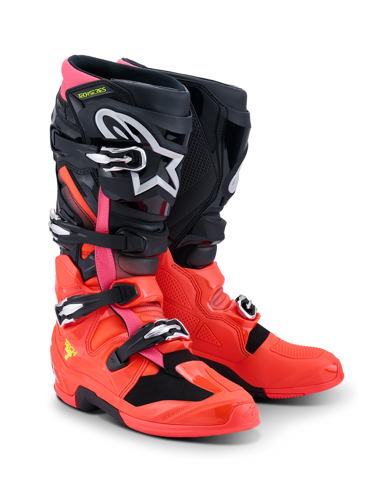 Alpinestars Tech 7 Stiefel, Motocross-Stiefel, Schwarz, Rot Fluo und Pink Fluo, mit Schnellverschlussschnallen, Doppel-Drehpunktsystem und TPU-Schutzschale, strapazierfähige Performance-Ausrüstung für Offroad-Fahrten