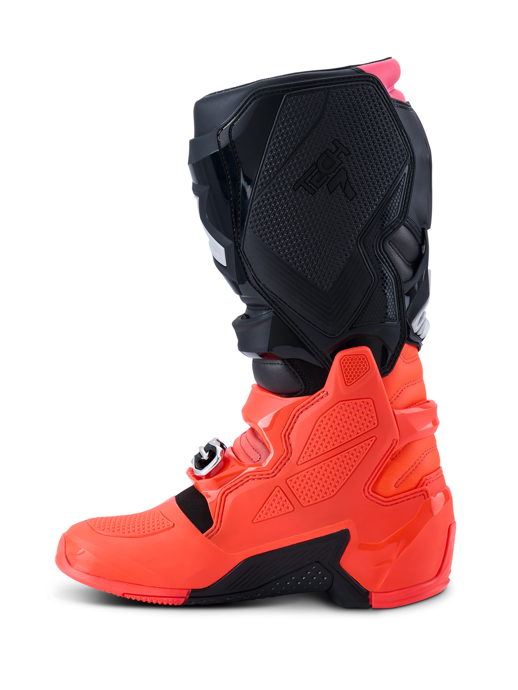 Alpinestars Tech 7 Stiefel, Motocross-Stiefel, Schwarz, Fluo-Rot und Fluo-Pink, Seitenprofil-Ansicht mit Hervorhebung der TPU-Unterschale, des Schnallenverschlusssystems und der strukturierten Schutzpanele für Offroad-Performance