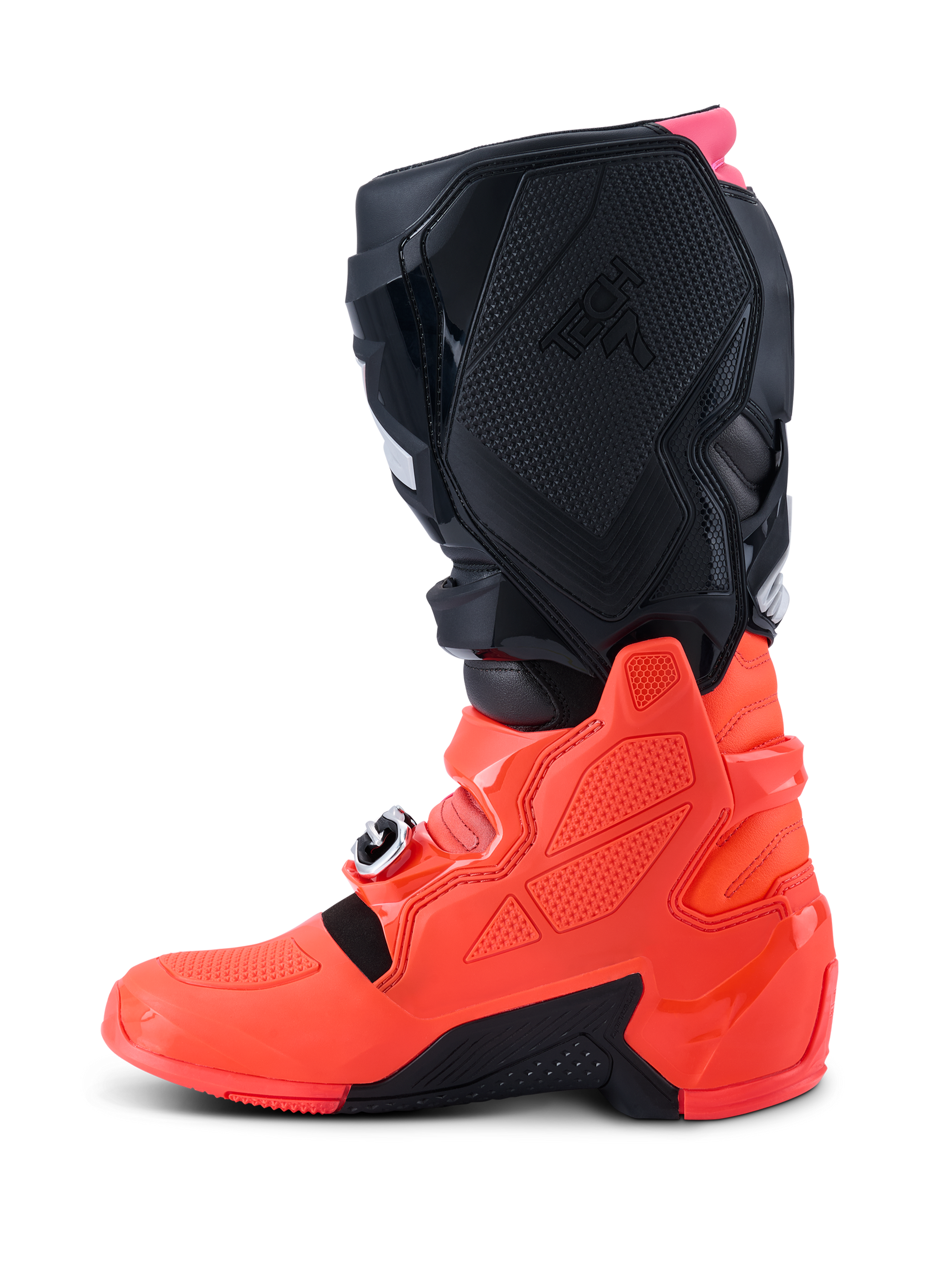 Alpinestars Tech 7 Stiefel, Motocross-Stiefel, Schwarz, Fluo-Rot und Fluo-Pink, Seitenprofil-Ansicht mit Hervorhebung der TPU-Unterschale, des Schnallenverschlusssystems und der strukturierten Schutzpanele für Offroad-Performance