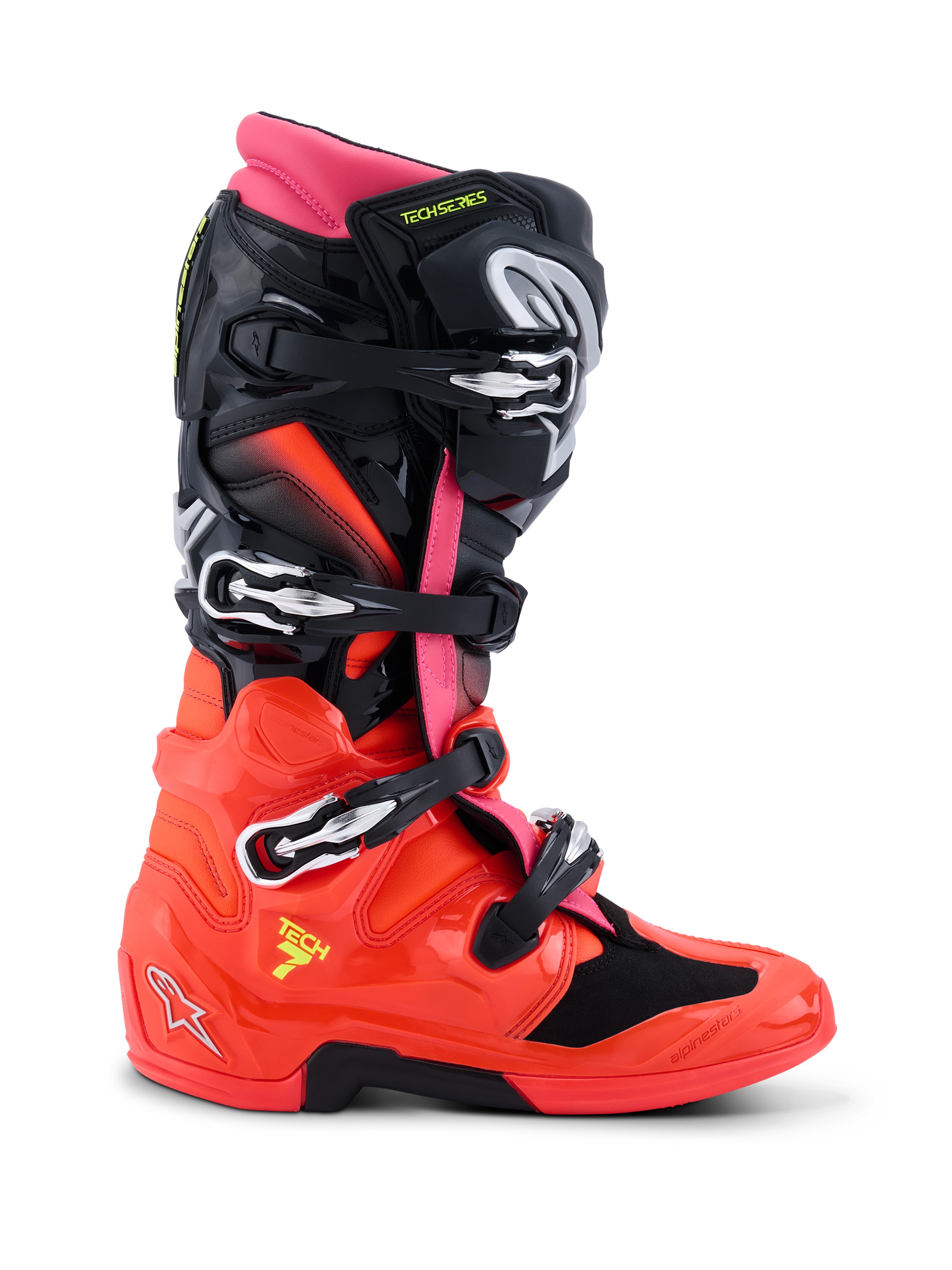 Alpinestars Tech 7 Stiefel, Motocross-Stiefel, Schwarz, Rot Fluo und Pink Fluo, Seitenprofil mit technischem Design, Schnellverschlussschnallen, glänzender TPU-Unterschale und Doppel-Drehpunktsystem für den Offroad-Rennsport