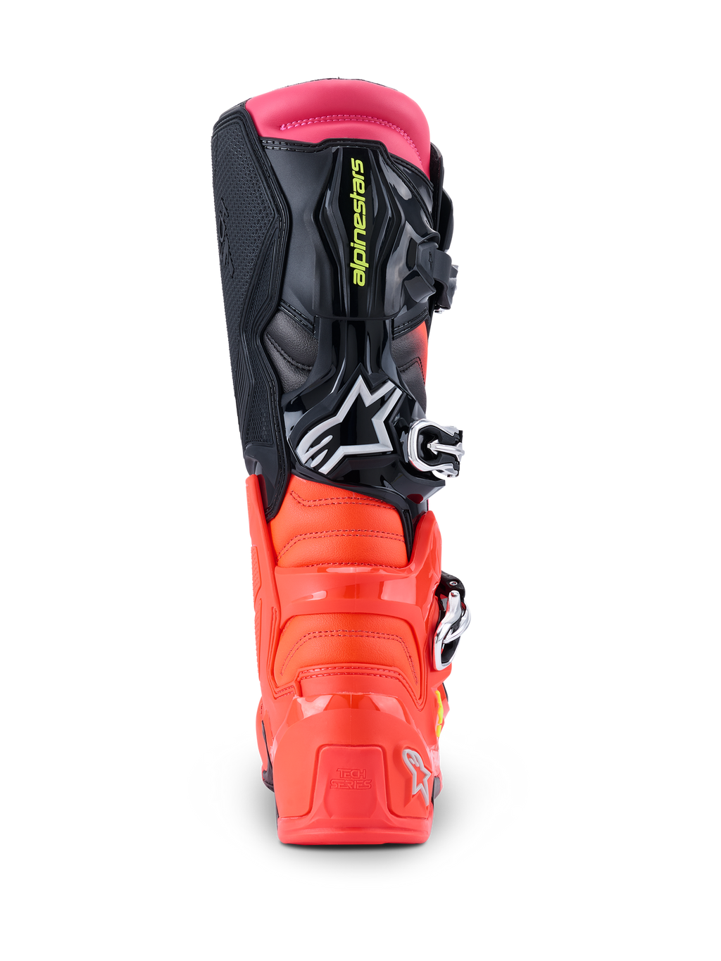 Alpinestars Tech 7 Stiefel, Motocross-Stiefel, Schwarz, Rot Fluo und Pink Fluo, Rückansicht mit verstärkter TPU-Ferse, Multi-Material-Obermaterial und pinker Gamasche.