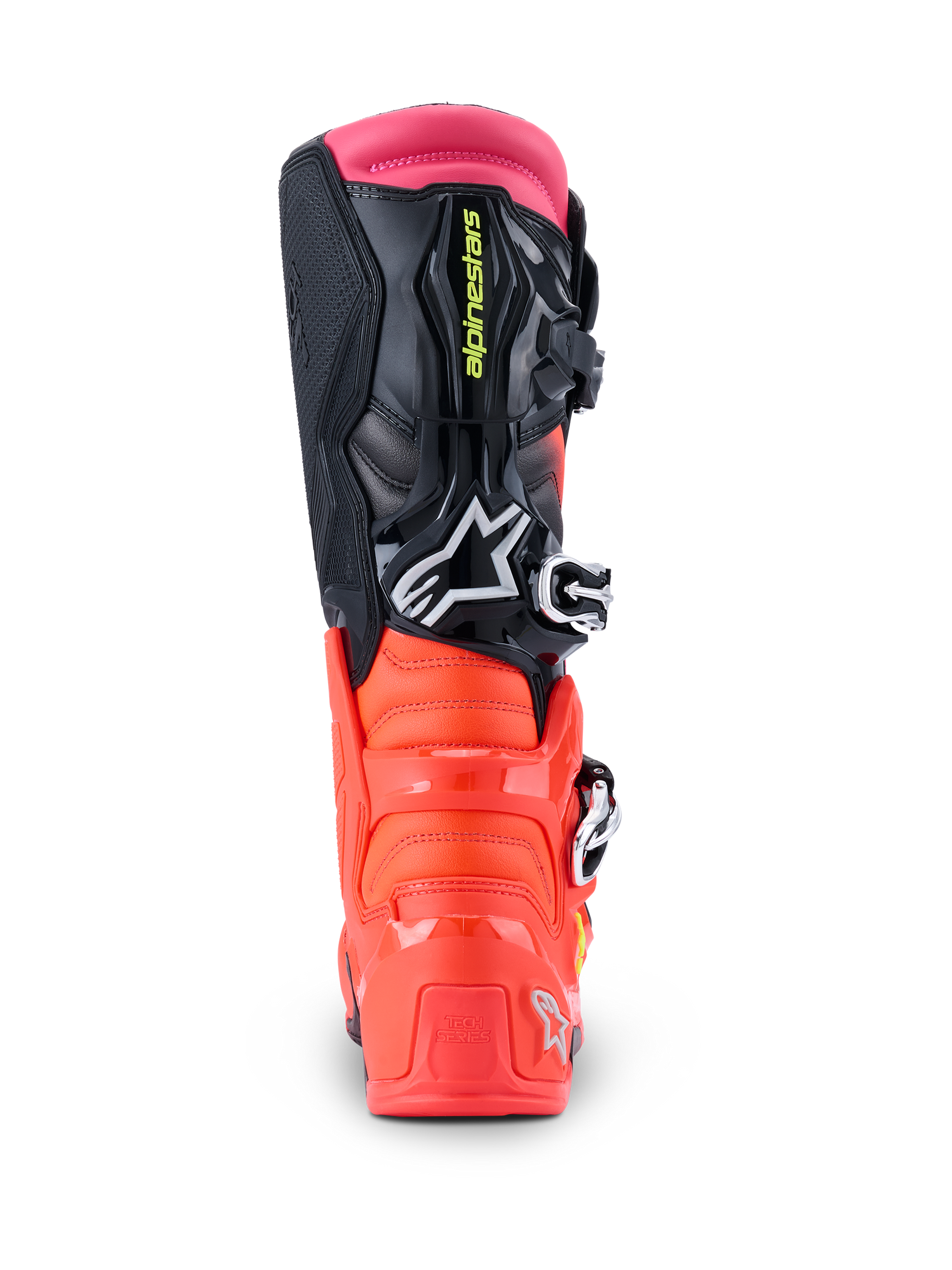 Alpinestars Tech 7 Stiefel, Motocross-Stiefel, Schwarz, Rot Fluo und Pink Fluo, Rückansicht mit verstärkter TPU-Ferse, Multi-Material-Obermaterial und pinker Gamasche.