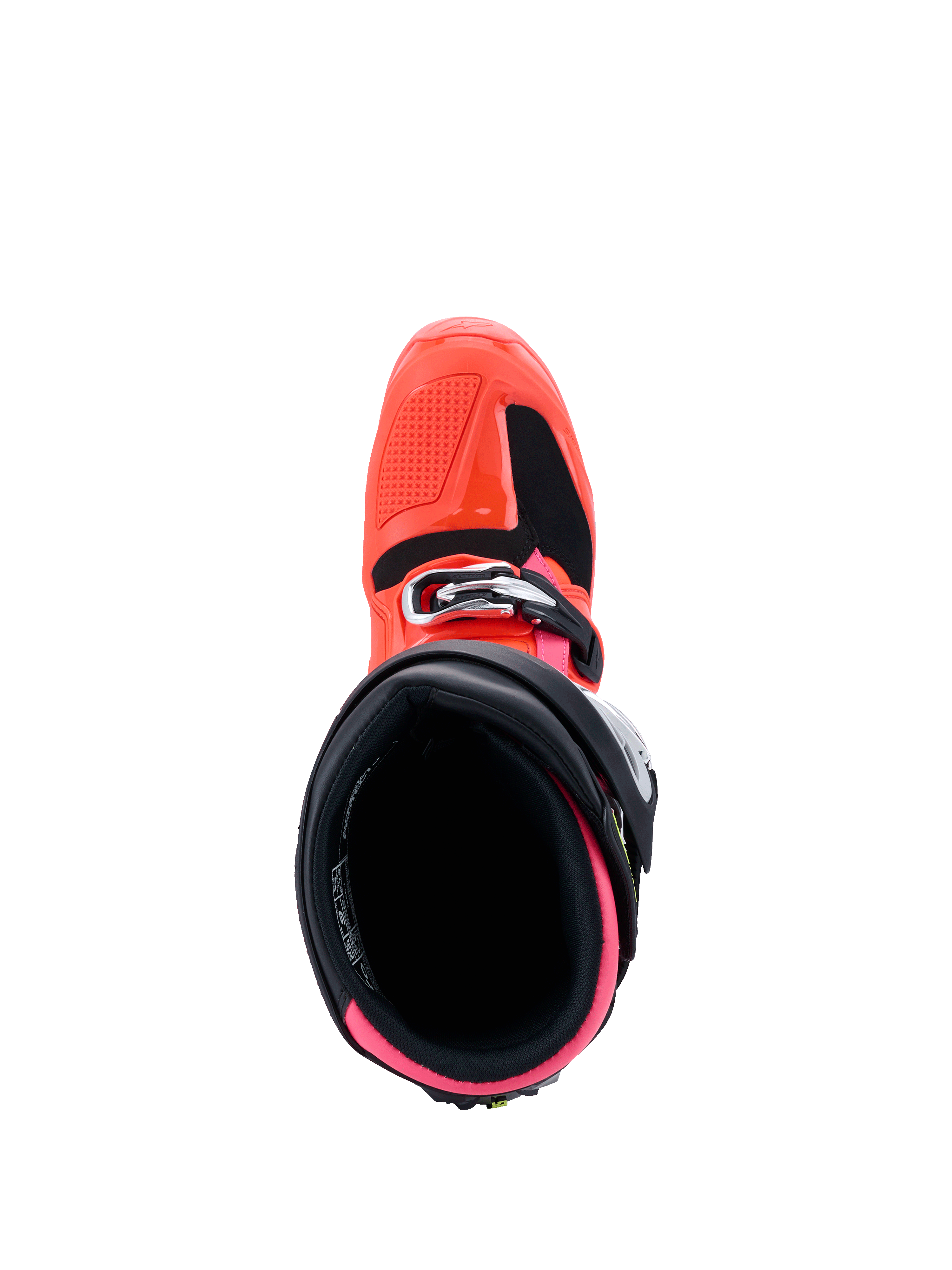 Alpinestars Tech 7 Stiefel, MX26 Kollektion, Motocross-Stiefel, Schwarz, Rot Fluo und Pink Fluo, Draufsicht mit Blick in die Innenöffnung, mit leuchtend pinkem Innenfutter und rot fluoreszierender Außenschale mit Schnallenverschluss.