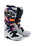 Alpinestars Tech 7 Boots, Motocross Boots, Black, Light Gray, Orange Fluo, and Magenta, featuring a multi-buckle closure system, reinforced TPU shell, and high-contrast branding, designed for professional off-road racing and protection.