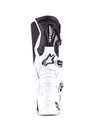 Alpinestars Tech 7 Stiefel, professionelle Motocross-Stiefel in Weiß und Schwarz, Frontansicht mit verstärkter Schienbeinplatte und Alpinestars-Logo, Mehrfach-Schnallenverschlusssystem, strapazierfähige TPU-Konstruktion für den Offroad-Einsatz