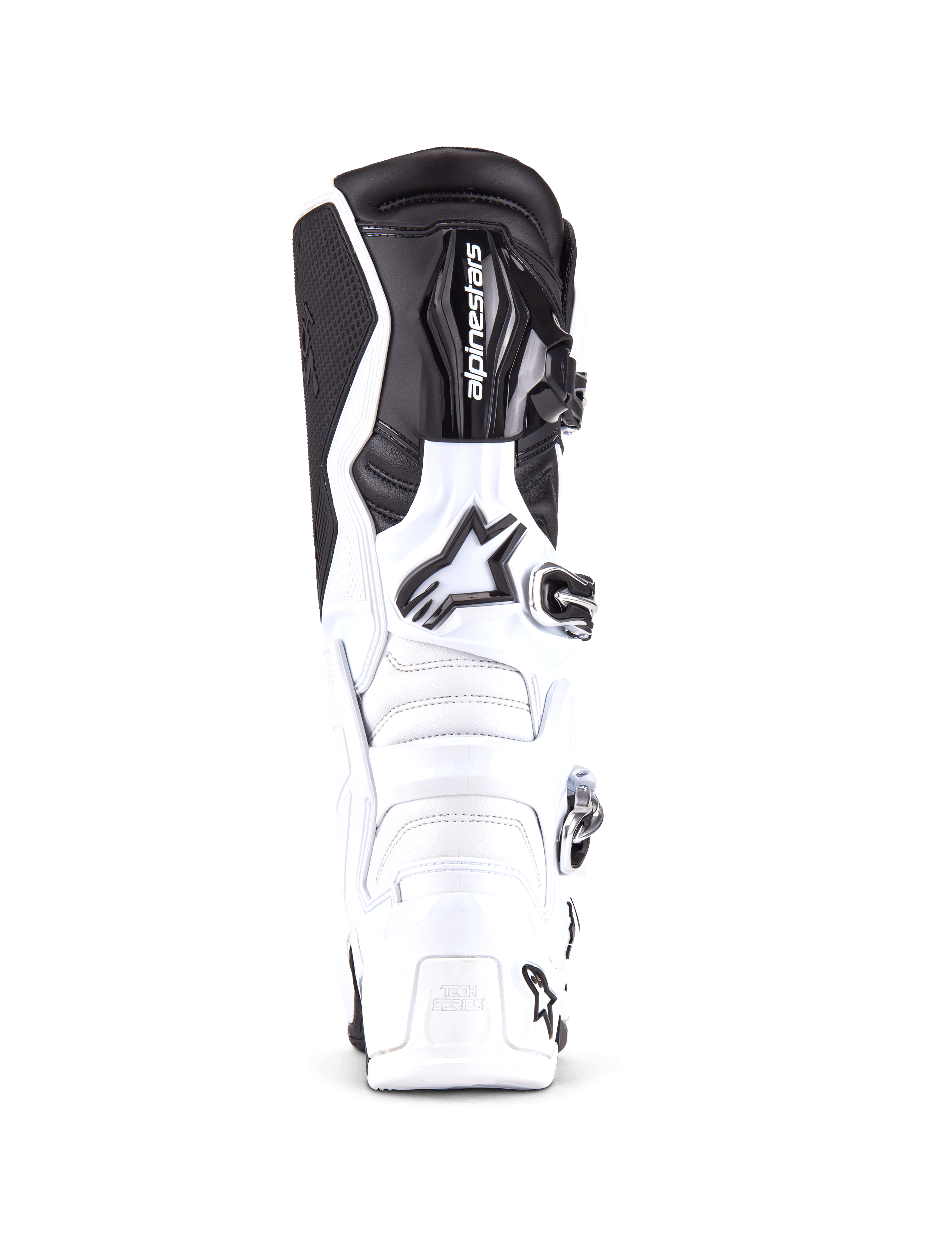 Alpinestars Tech 7 Stiefel, professionelle Motocross-Stiefel in Weiß und Schwarz, Frontansicht mit verstärkter Schienbeinplatte und Alpinestars-Logo, Mehrfach-Schnallenverschlusssystem, strapazierfähige TPU-Konstruktion für den Offroad-Einsatz
