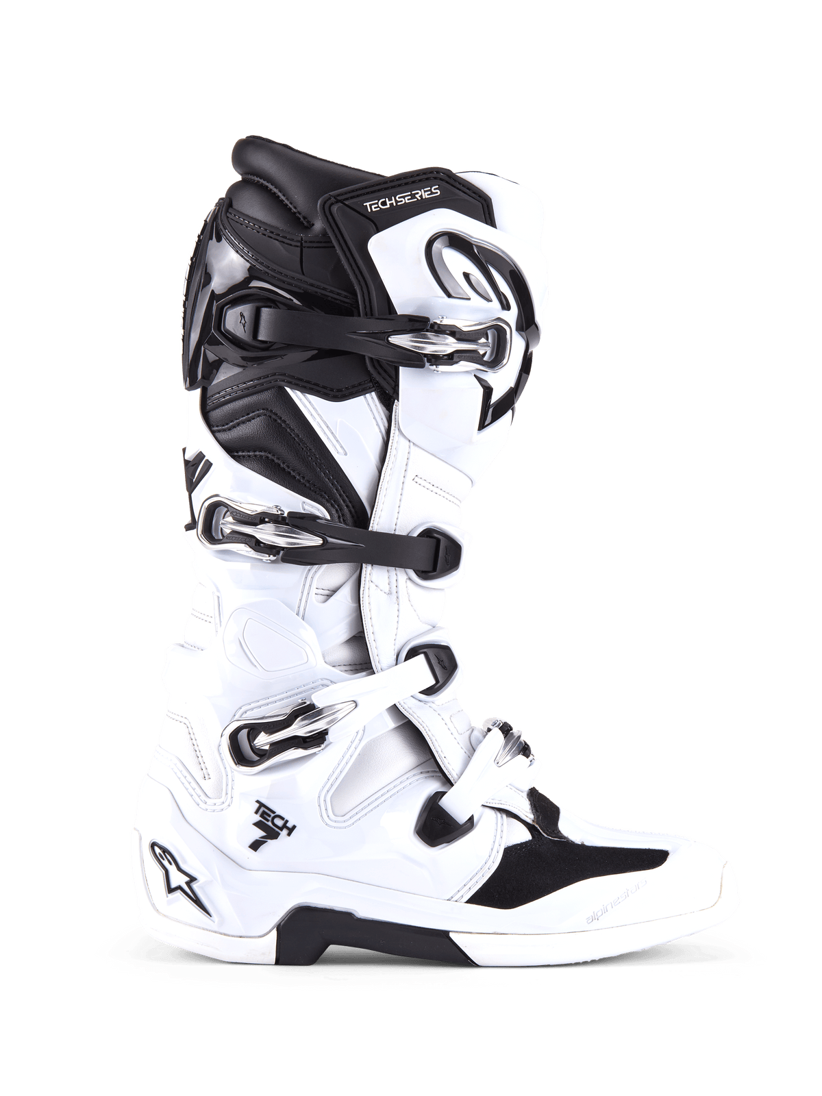 Alpinestars Tech 7 Stiefel, Motocross-Offroad-Stiefel, Weiß und Schwarz, mit vier verstellbaren Schnallen und verstärkter TPU-Schale, Seitenprofil eines professionellen Offroad-Stiefels