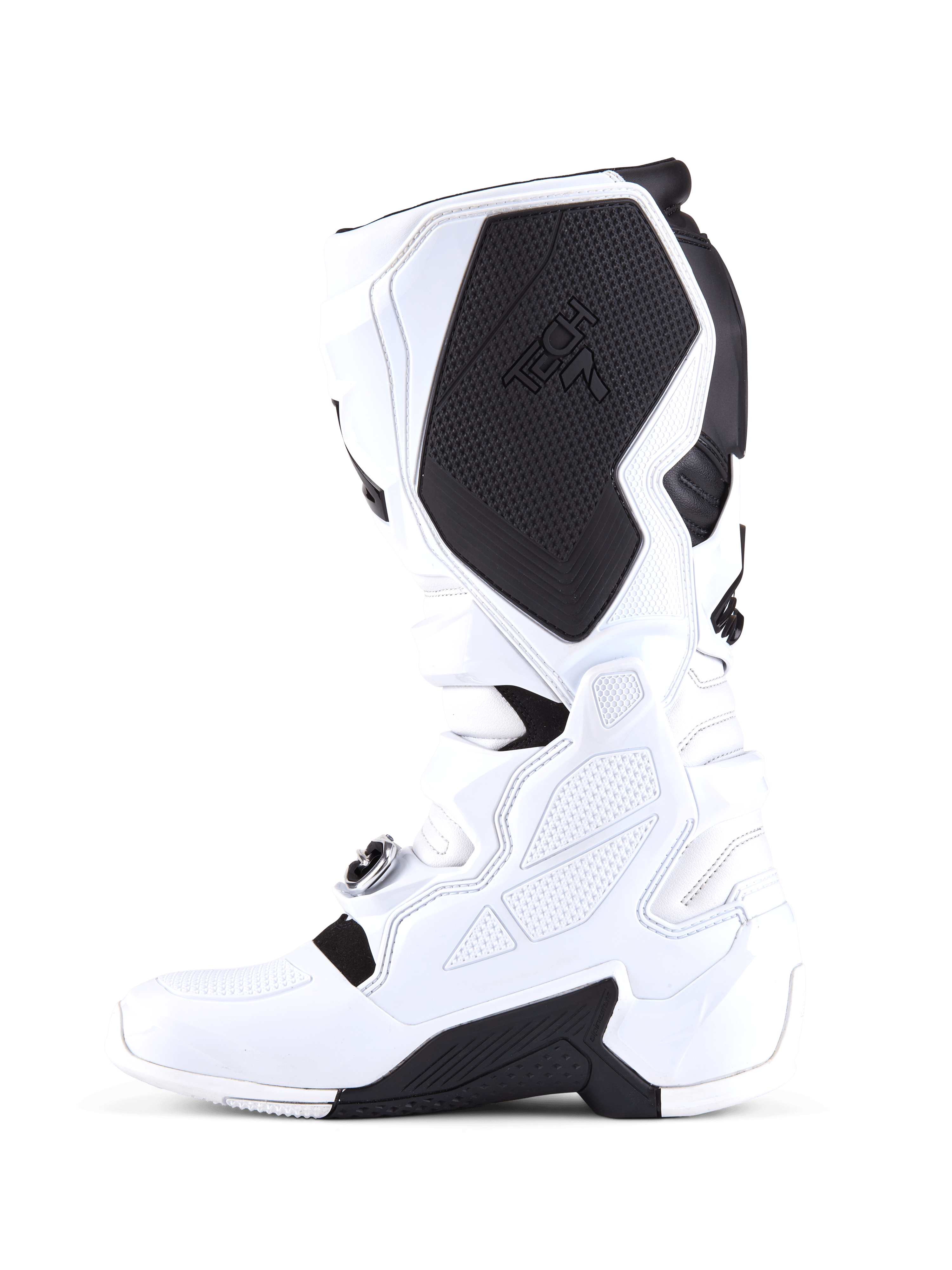 Alpinestars Tech 7 Stiefel, Motocross-Stiefel, Weiß und Schwarz, mediales Seitenprofil mit einem großen schwarzen schützenden Waden-Innenpanel mit Tech 7-Branding, weißer TPU-Konstruktion und strukturierten Griffoberflächen.