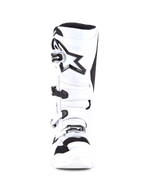 Alpinestars Tech 7 Stiefel, Motocross-Stiefel, Weiß und Schwarz, Frontansicht mit Vier-Schnallen-Verschlusssystem, großes schwarzes Stern-Logo am Schienbein, schützende TPU-Schale und verstärkter Zehenbereich für Motocross-Rennsport