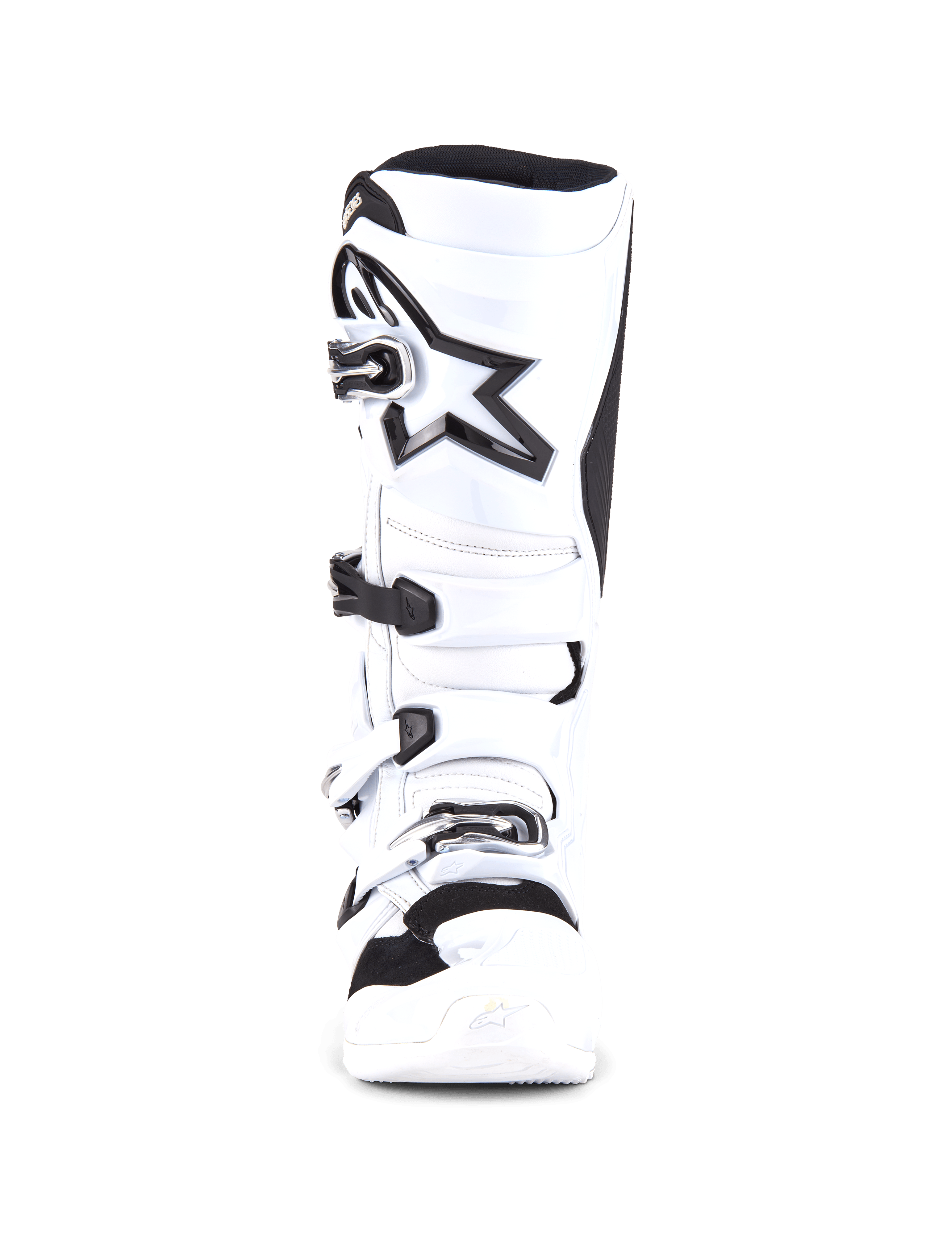 Alpinestars Tech 7 Stiefel, Motocross-Stiefel, Weiß und Schwarz, Frontansicht mit Vier-Schnallen-Verschlusssystem, großes schwarzes Stern-Logo am Schienbein, schützende TPU-Schale und verstärkter Zehenbereich für Motocross-Rennsport