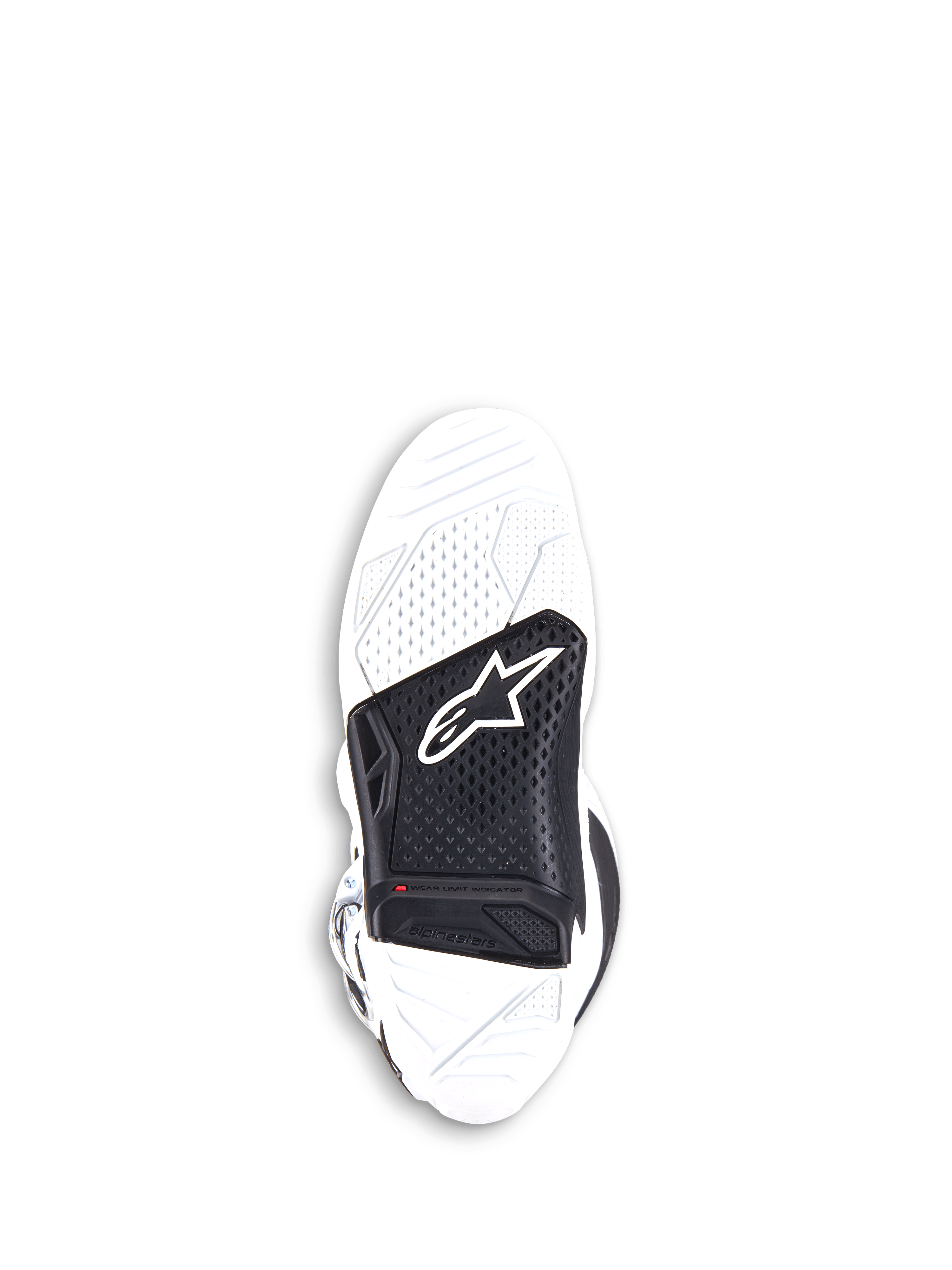 Alpinestars Tech 7 Stiefel, Motocross-Stiefel, Weiß und Schwarz, Unteransicht der austauschbaren Zwei-Komponenten-vulkanisierten Gummisohle mit schwarzem Mitteleinsatz, Alpinestars-Logo und rotem Verschleißanzeiger.
