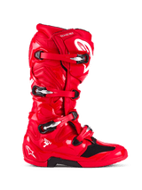 Alpinestars Tech 7 Boots, Motocross Boots, Bright Red, side profile view, featuring a four-buckle closure system, TPU protective shell, white Alpinestars logo and "Tech 7" branding, durable off-road racing footwear