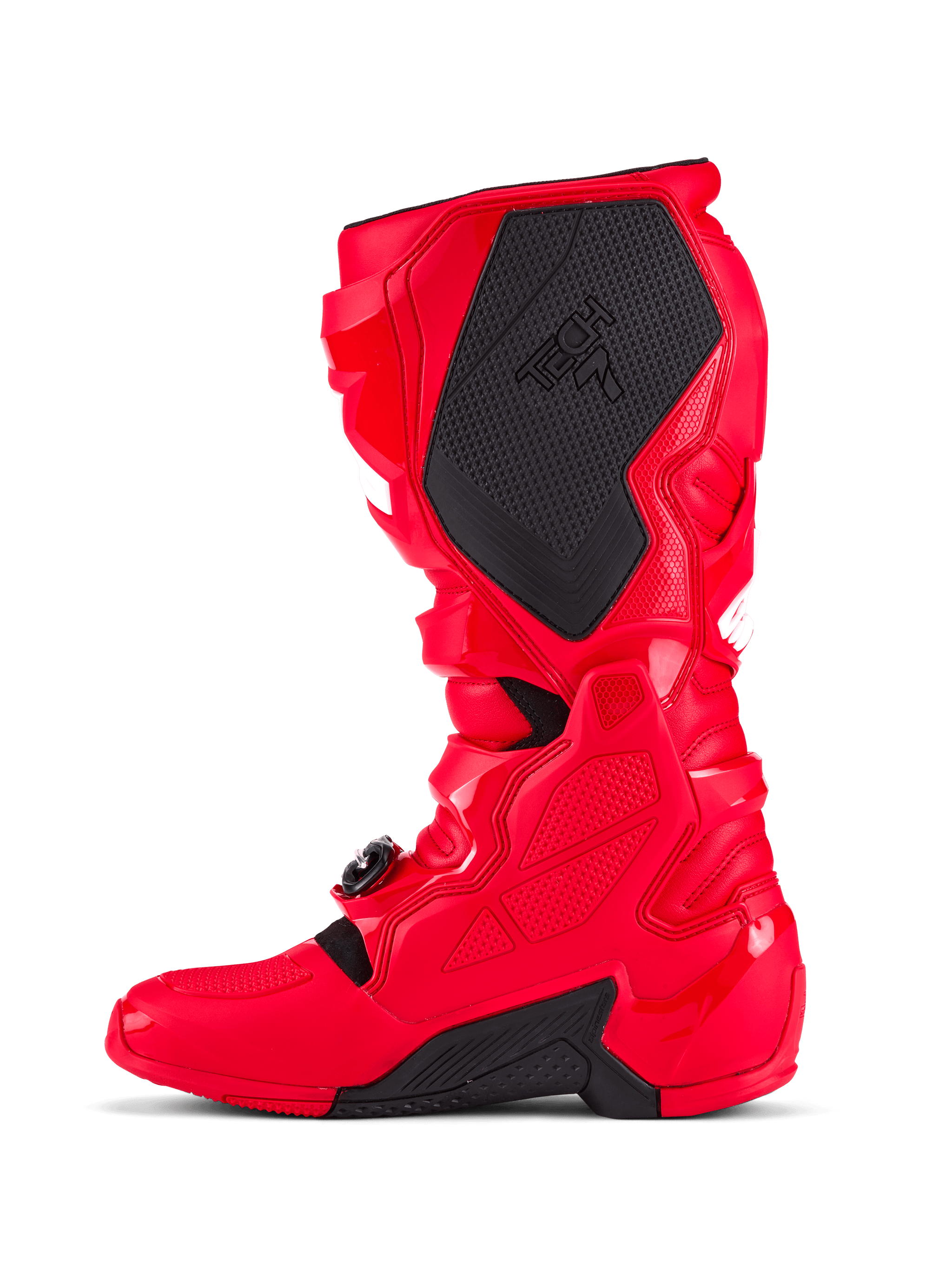 Alpinestars Tech 7 Boots, Motocross Boots, Bright Red, medial side view featuring a large black textured grip panel with Tech 7 branding, TPU protective shell, and adjustable buckle closure system for off-road racing