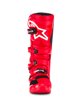 Alpinestars Tech 7 Boots, Motocross Boots, Bright Red, front-facing view featuring a white star logo on the shin, black buckle closures, and a high-performance TPU protective shell.