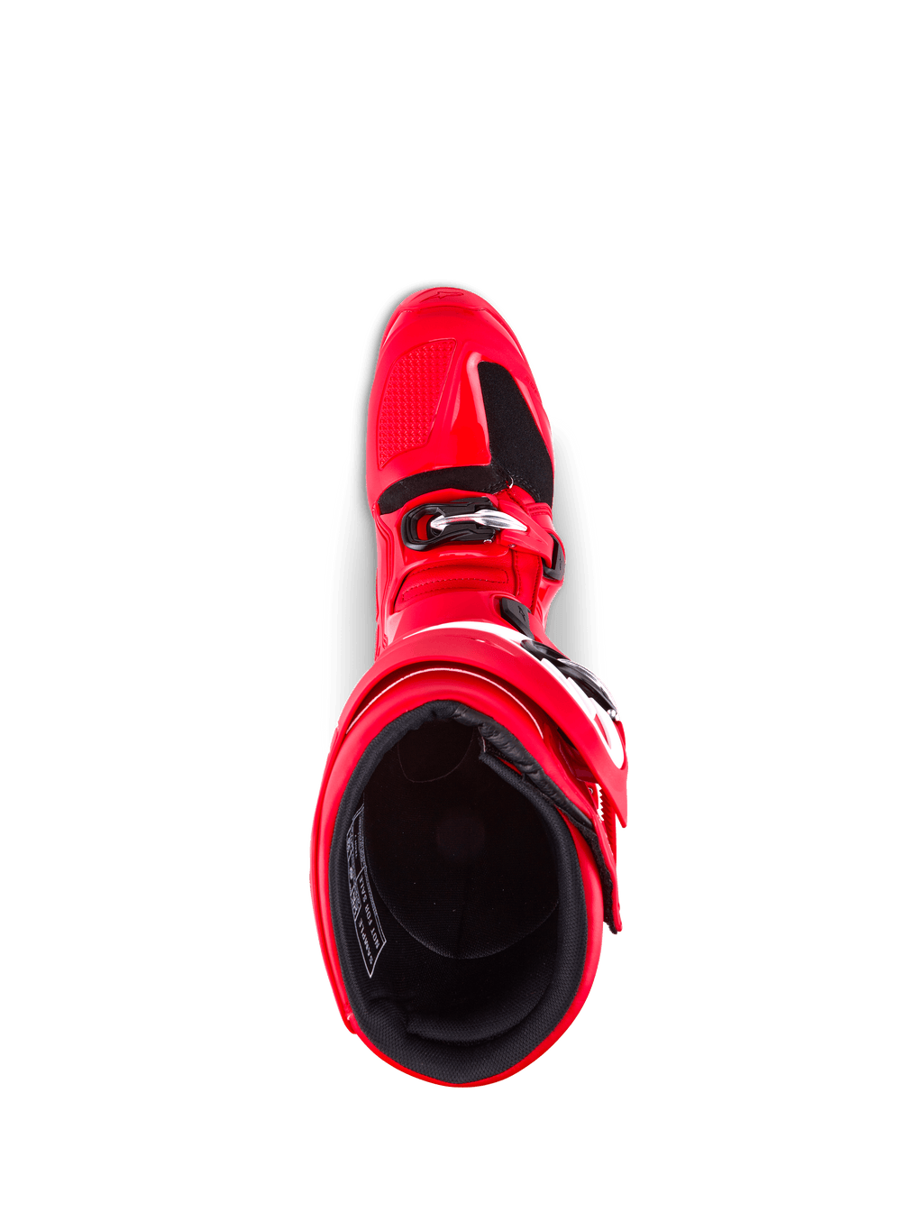 Alpinestars Tech 7 Boots, Motocross Boots, Bright Red, top-down view showing interior lining and buckle closure, durable TPU construction for off-road protection