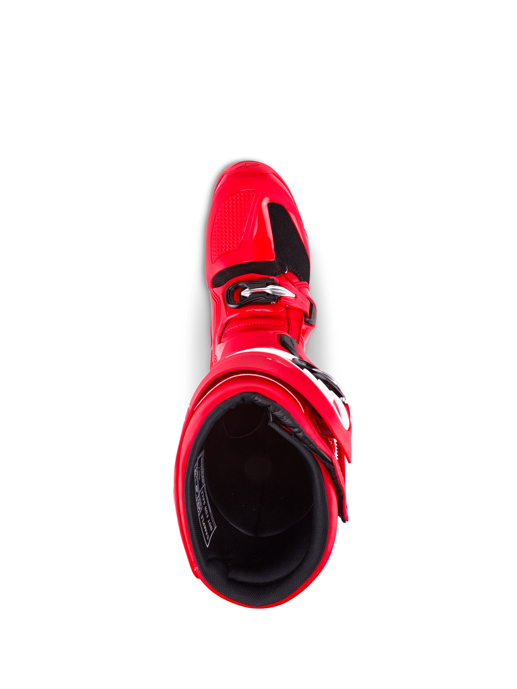 Alpinestars Tech 7 Boots, Motocross Boots, Bright Red, top-down view showing interior lining and buckle closure, durable TPU construction for off-road protection