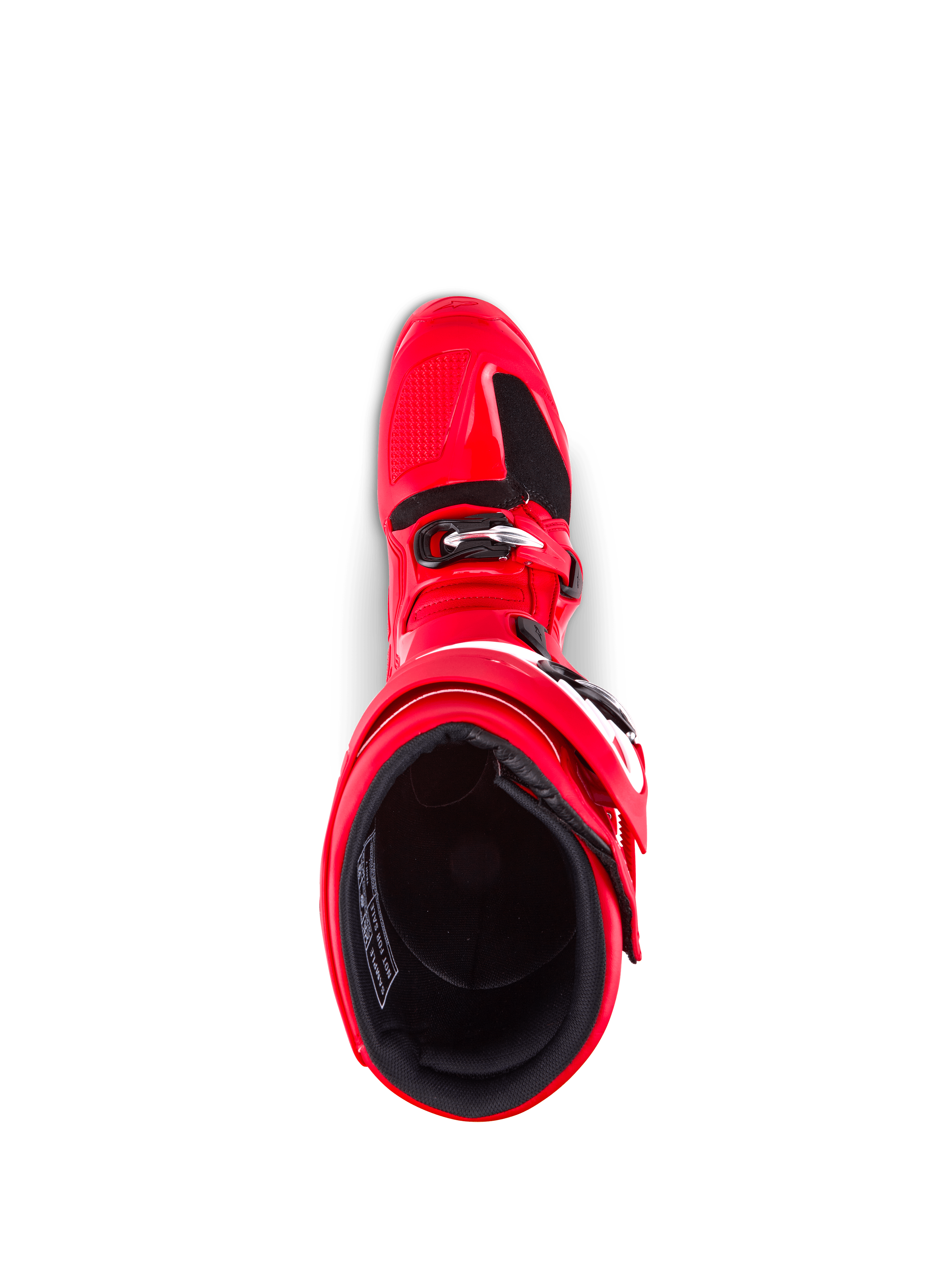 Alpinestars Tech 7 Boots, Motocross Boots, Bright Red, top-down view showing interior lining and buckle closure, durable TPU construction for off-road protection