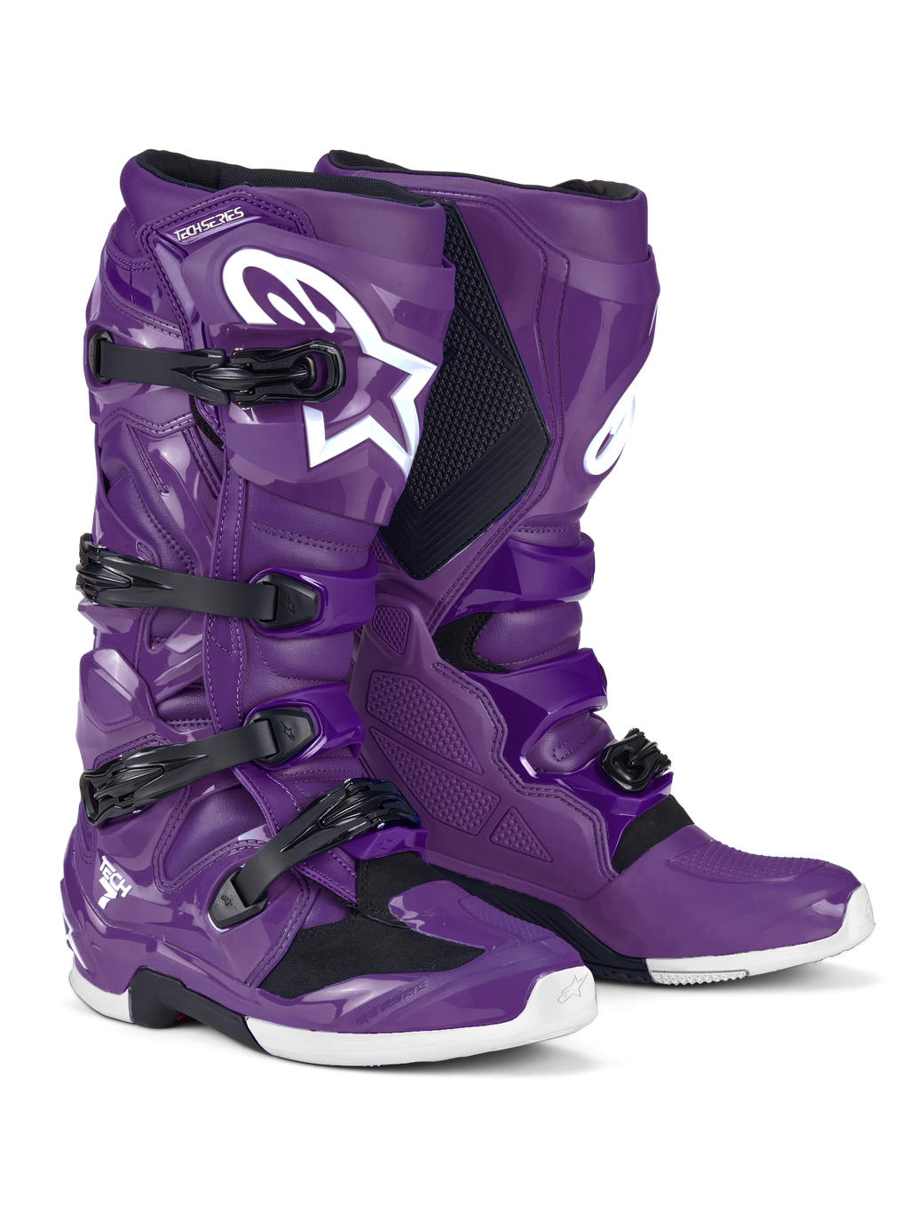 Alpinestars Tech 7 Stiefel, Motocross-Stiefel, Lila, mit schwarzen Schnallen und einem großen weißen Astars-Logo, hochleistungsfähiges Schutzdesign mit Vier-Riemen-Verschluss und strapazierfähiger TPU-Schale für Offroad-Rennen