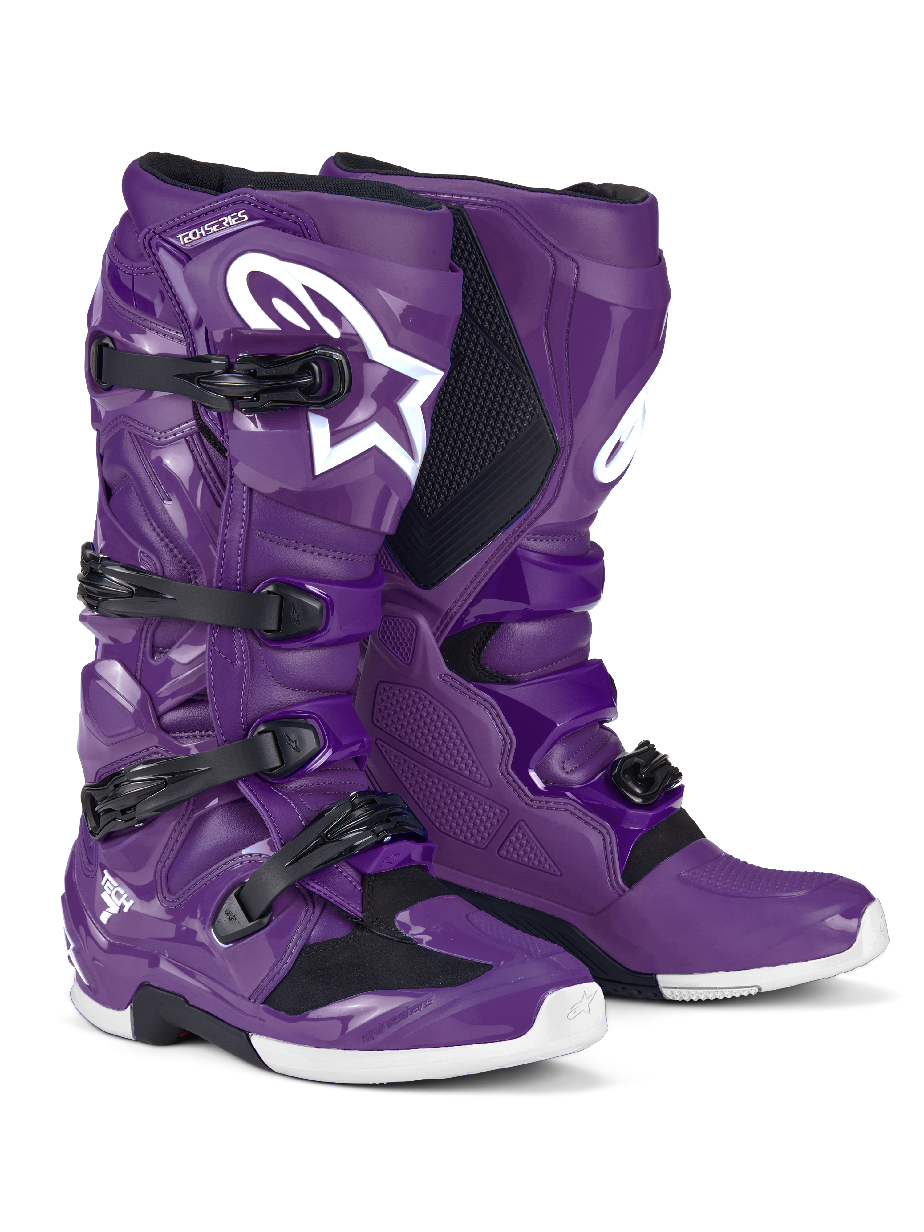 Alpinestars Tech 7 Stiefel, Motocross-Stiefel, Lila, mit schwarzen Schnallen und einem großen weißen Astars-Logo, hochleistungsfähiges Schutzdesign mit Vier-Riemen-Verschluss und strapazierfähiger TPU-Schale für Offroad-Rennen