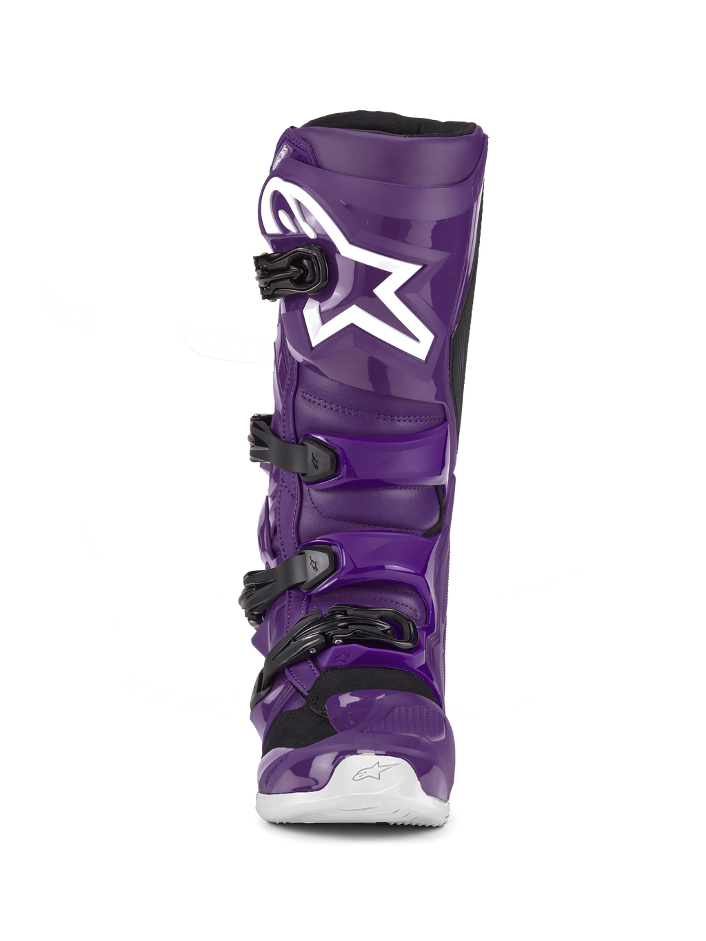 Alpinestars Tech 7 Stiefel, lilane Motocross-Stiefel, Vorderansicht, mit vier schwarzen Schnallen, weißes Alpinestars-Logo auf der Schienbeinplatte, strapazierfähige TPU-Schale und Synthetikkonstruktion für Offroad-Schutz