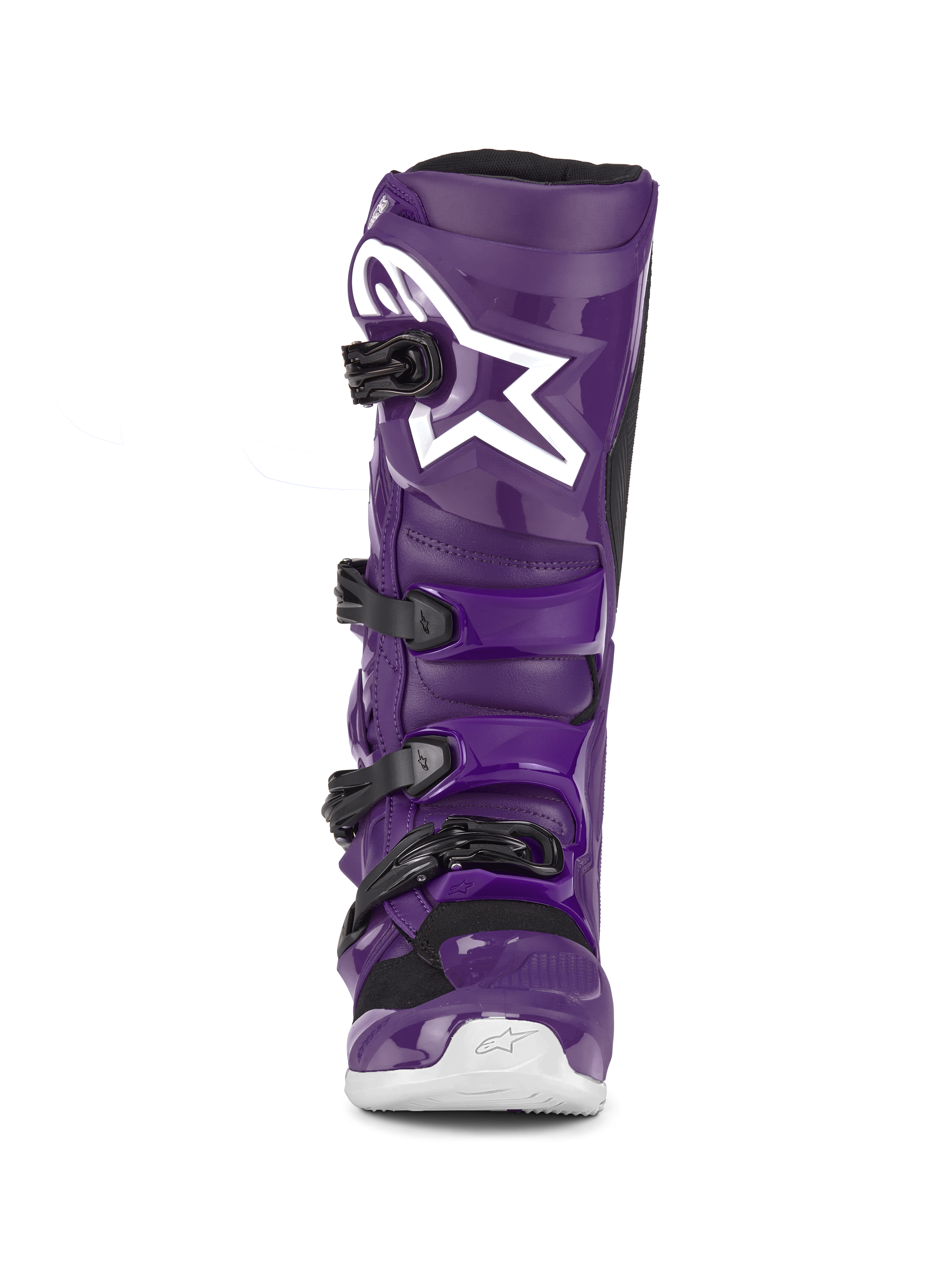 Alpinestars Tech 7 Stiefel, lilane Motocross-Stiefel, Vorderansicht, mit vier schwarzen Schnallen, weißes Alpinestars-Logo auf der Schienbeinplatte, strapazierfähige TPU-Schale und Synthetikkonstruktion für Offroad-Schutz