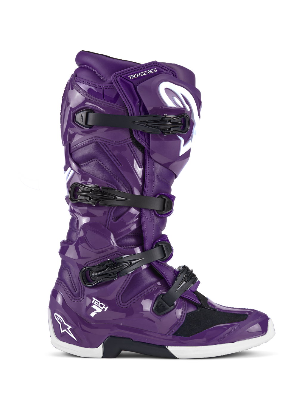 Alpinestars Tech 7 Stiefel, Motocross-Offroad-Stiefel, Glänzendes Lila mit schwarzen Schnallen und weißen Akzenten, Seitenansicht, Vier-Schnallen-Verschlusssystem, weißes Stern-Logo an Ferse und Schienbein, strapazierfähige TPU-Konstruktion für Offroad-Performance