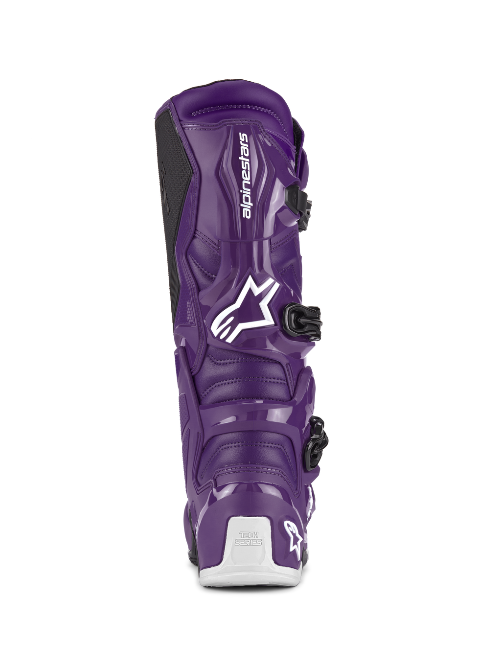 Alpinestars Tech 7 Stiefel, Motocross-Stiefel, Lila, Rückansicht mit weißem Alpinestars-Logo und Tech-Series-Branding an der Ferse, schwarze Schnallenverschlüsse, strapazierfähige TPU- und Synthetikkonstruktion für Offroad-Rennsport