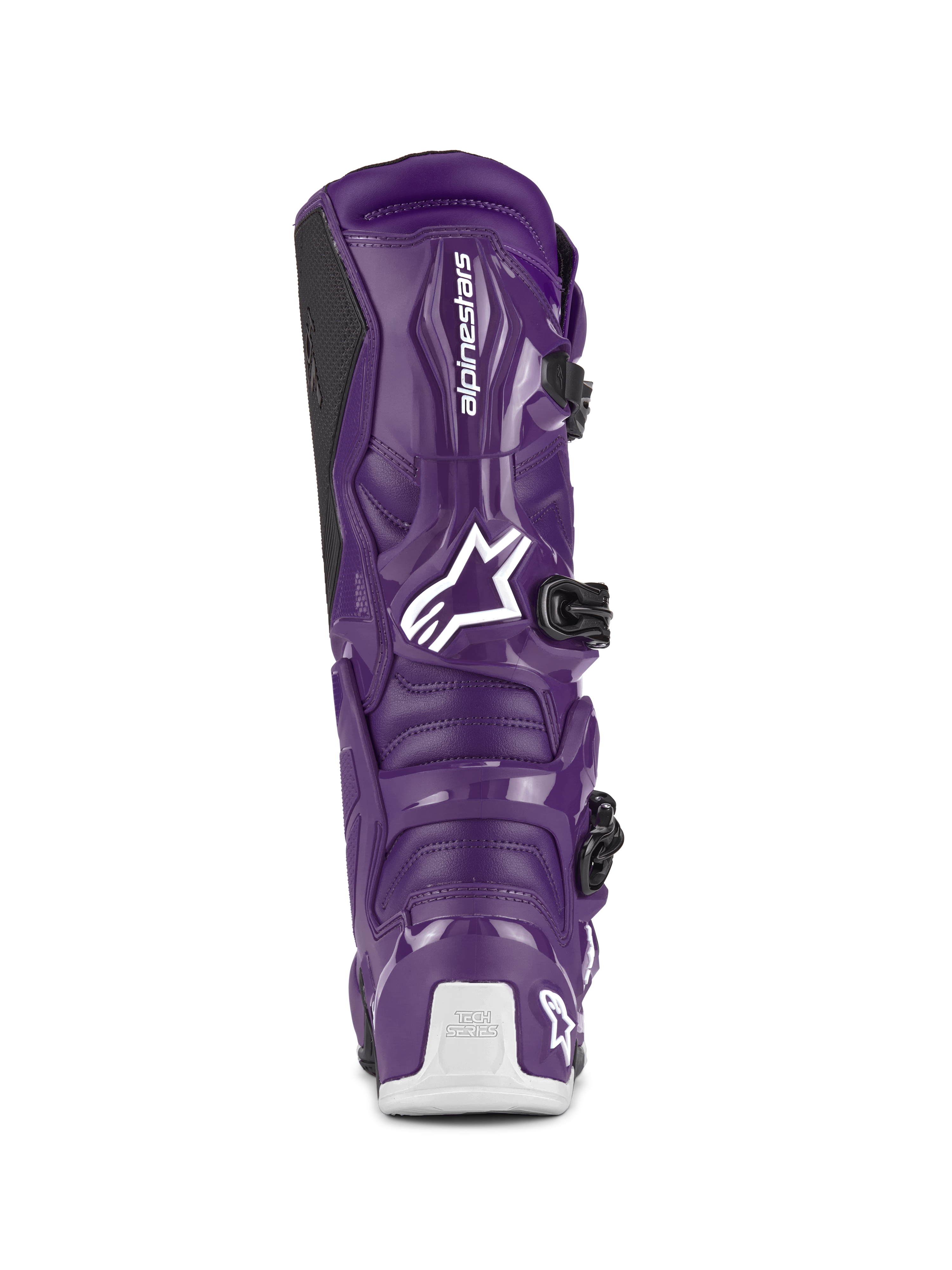 Alpinestars Tech 7 Stiefel, Motocross-Stiefel, Lila, Rückansicht mit weißem Alpinestars-Logo und Tech-Series-Branding an der Ferse, schwarze Schnallenverschlüsse, strapazierfähige TPU- und Synthetikkonstruktion für Offroad-Rennsport