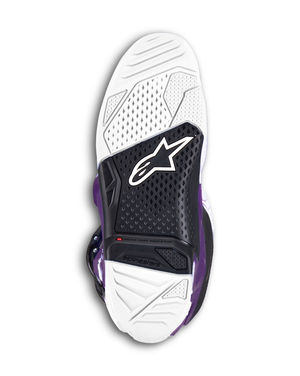 Alpinestars Tech 7 Stiefel, lila Motocross-Stiefel, Ansicht der Untersohle mit weißem und schwarzem vulkanisiertem Zweikomponenten-Gummi, Alpinestars-Logo und sichtbarem rotem Verschleißanzeiger für Offroad-Performance.